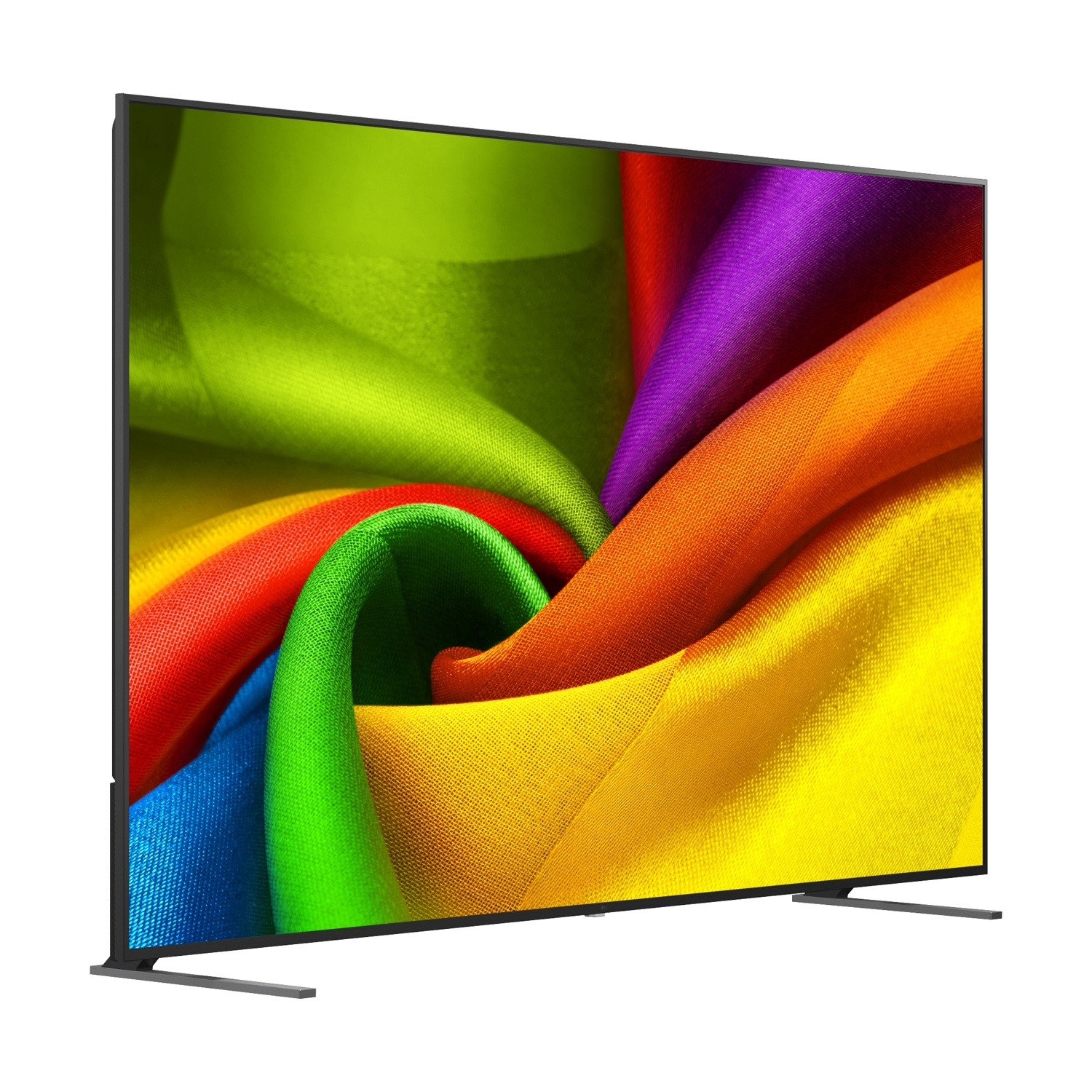 Un televisore moderno che mostra un vibrante motivo di tessuto colorato.