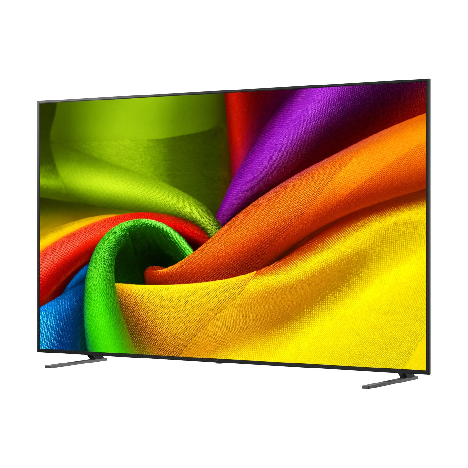 Una moderna TV a schermo piatto con un motivo di tessuto colorato e vorticoso sullo schermo.
