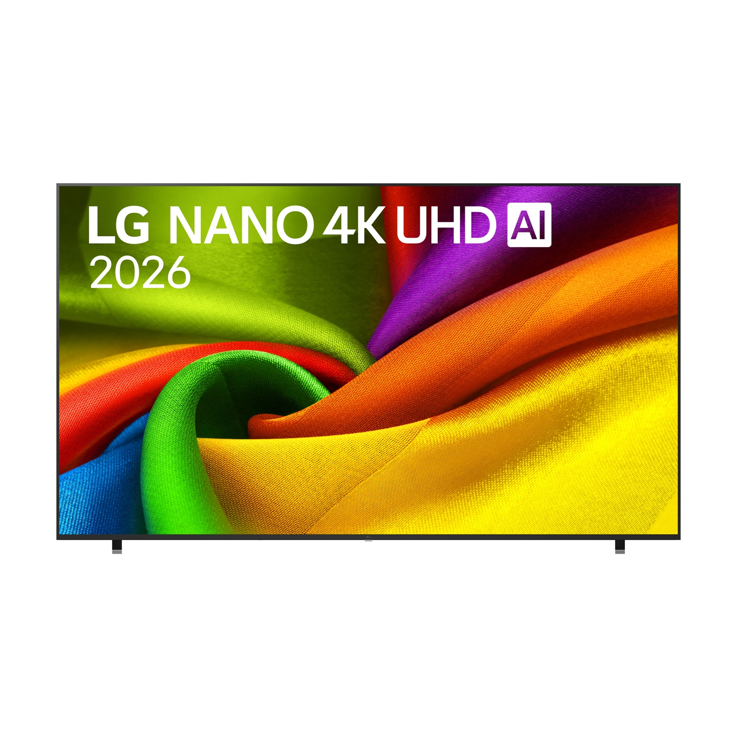 TV LG Nano 4K UHD AI con sfondo di tessuto colorato.