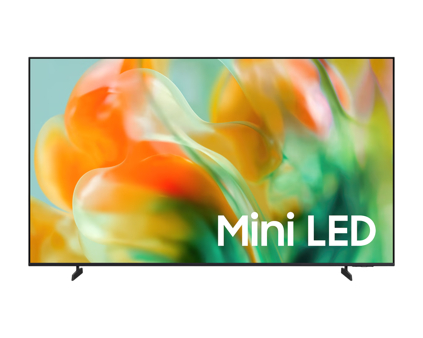 Modern bir TV, soyut, parlak renkler üzerinde "Mini LED" yazısı gösteriyor.