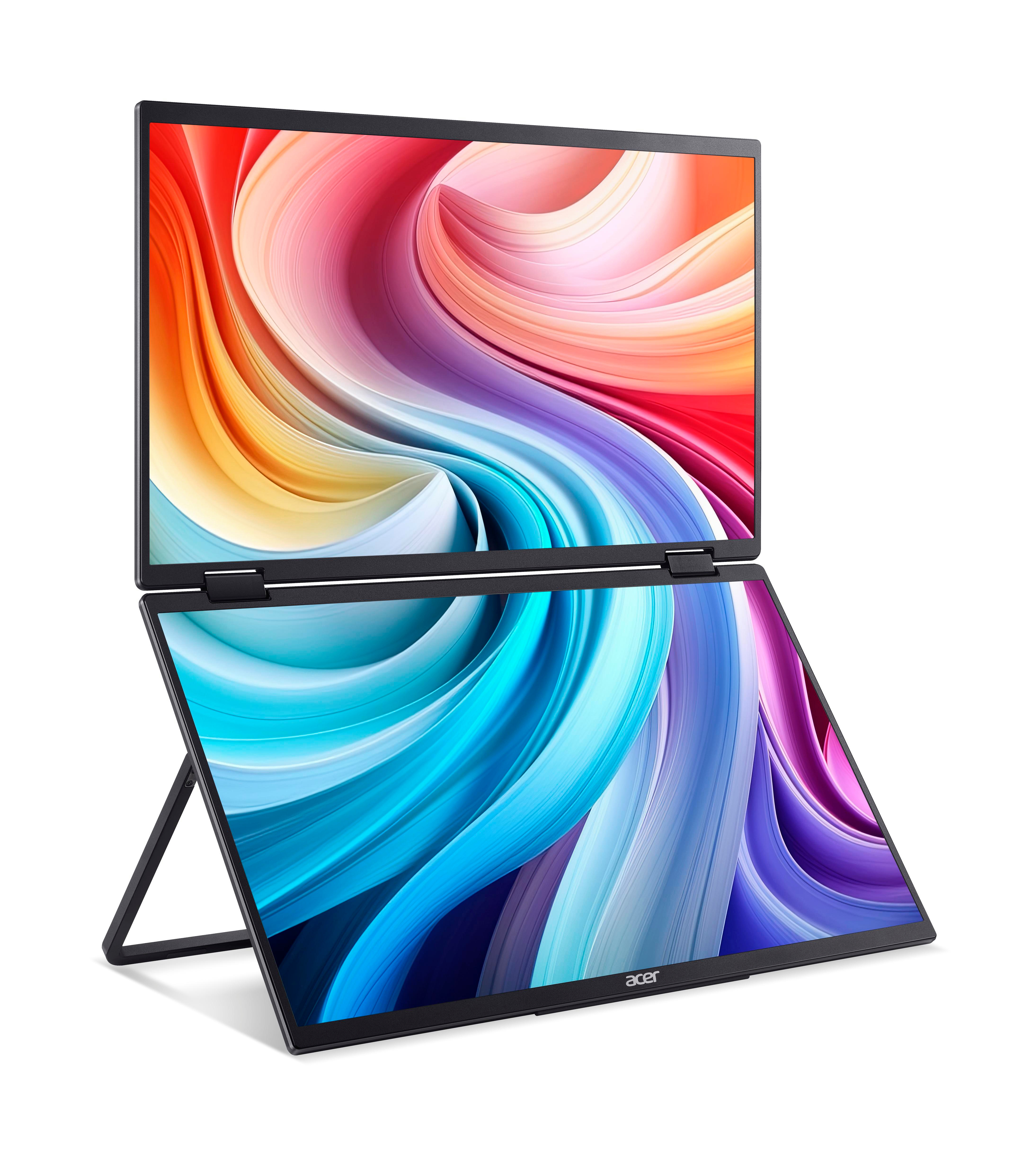 Ein aufgestellter Laptop mit zwei nebeneinander angeordneten Bildschirmen, beide zeigen bunte abstrakte Muster.