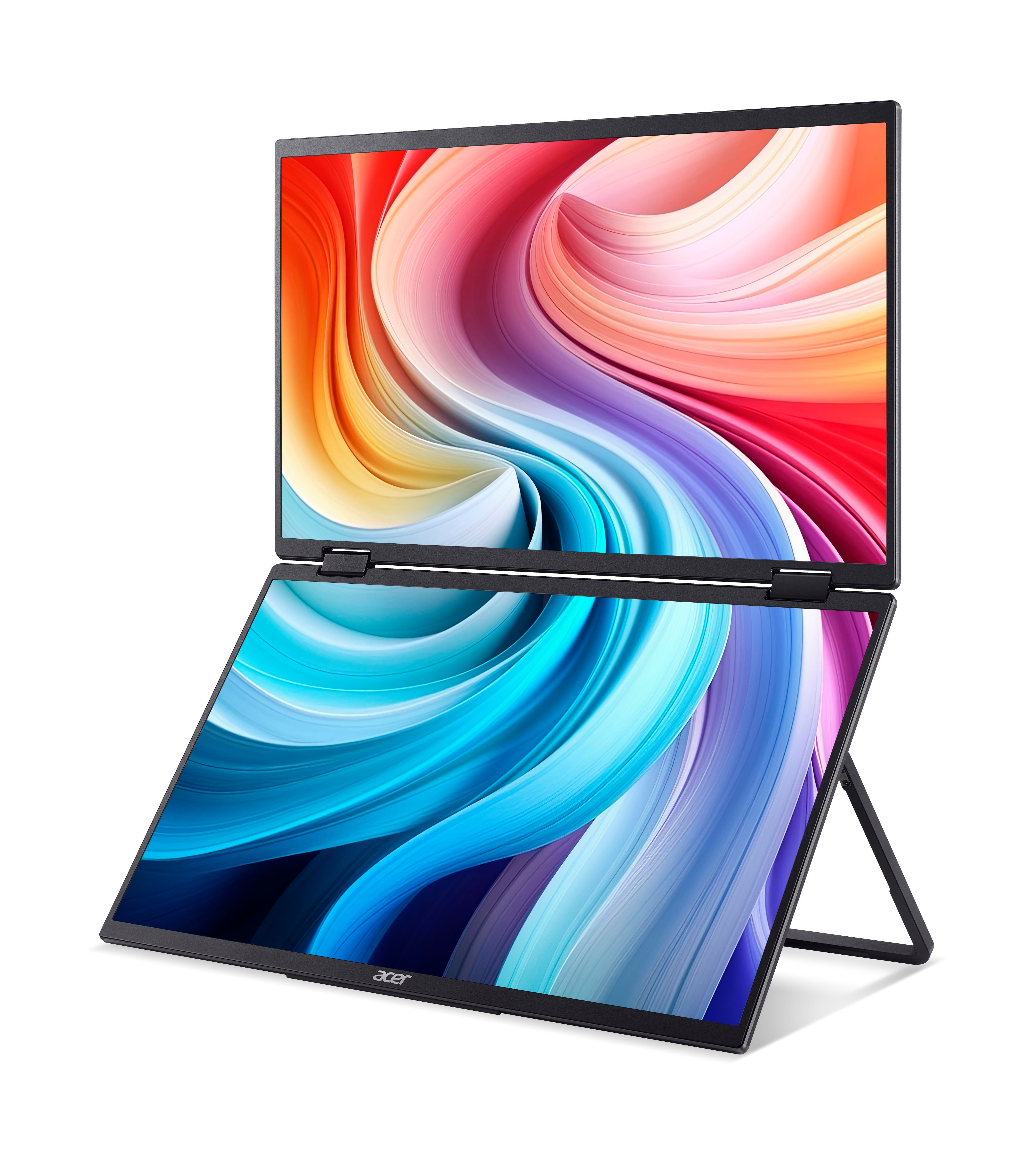 Ein offener Laptop mit zwei Bildschirmen, die bunte Muster zeigen.