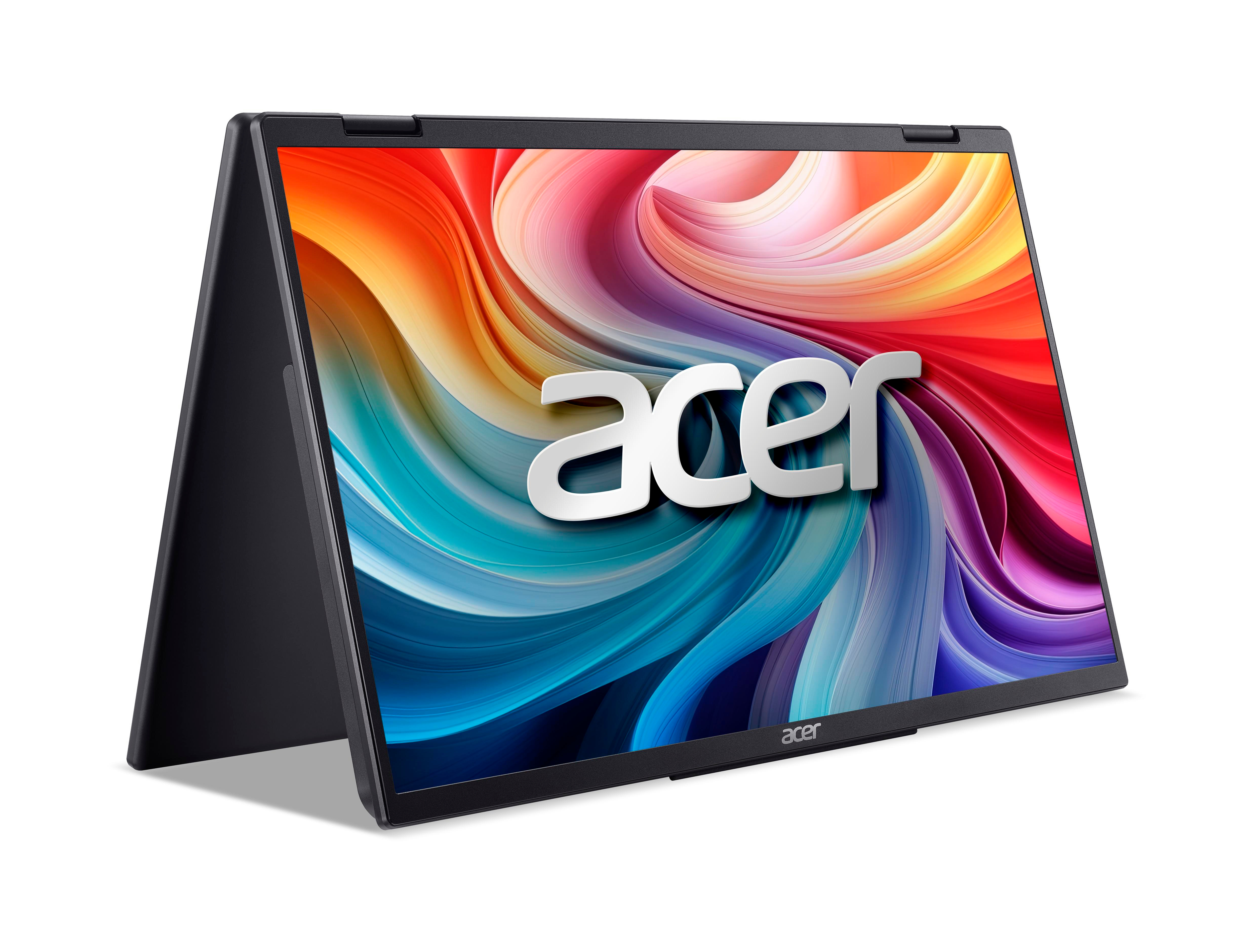 Ein schwarzer Acer Laptop mit einem bunten, abstrakten Hintergrund auf dem Bildschirm.