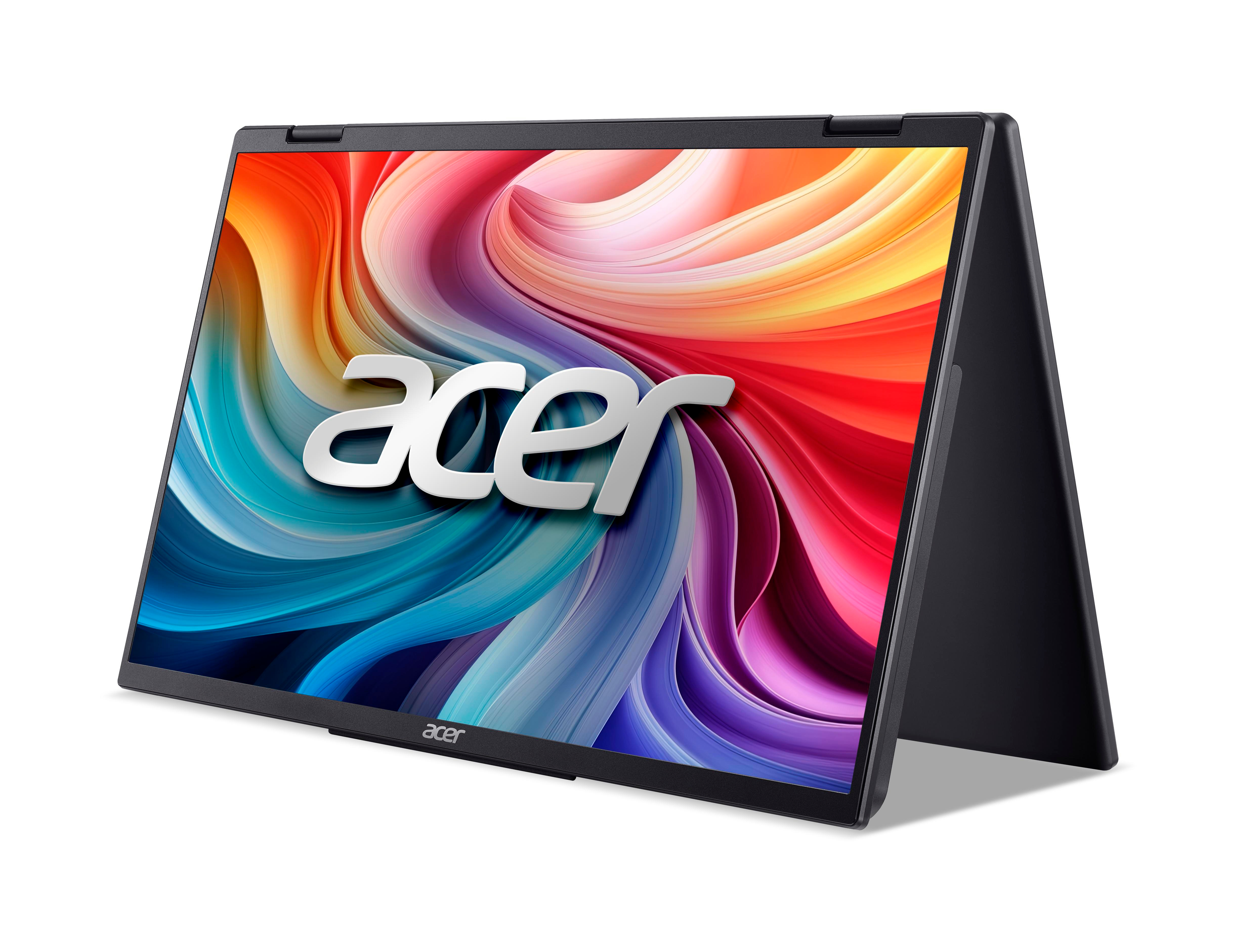 Ein schwarzer Acer Laptop im Zeltmodus, mit buntem Hintergrundbild und Acer-Logo.