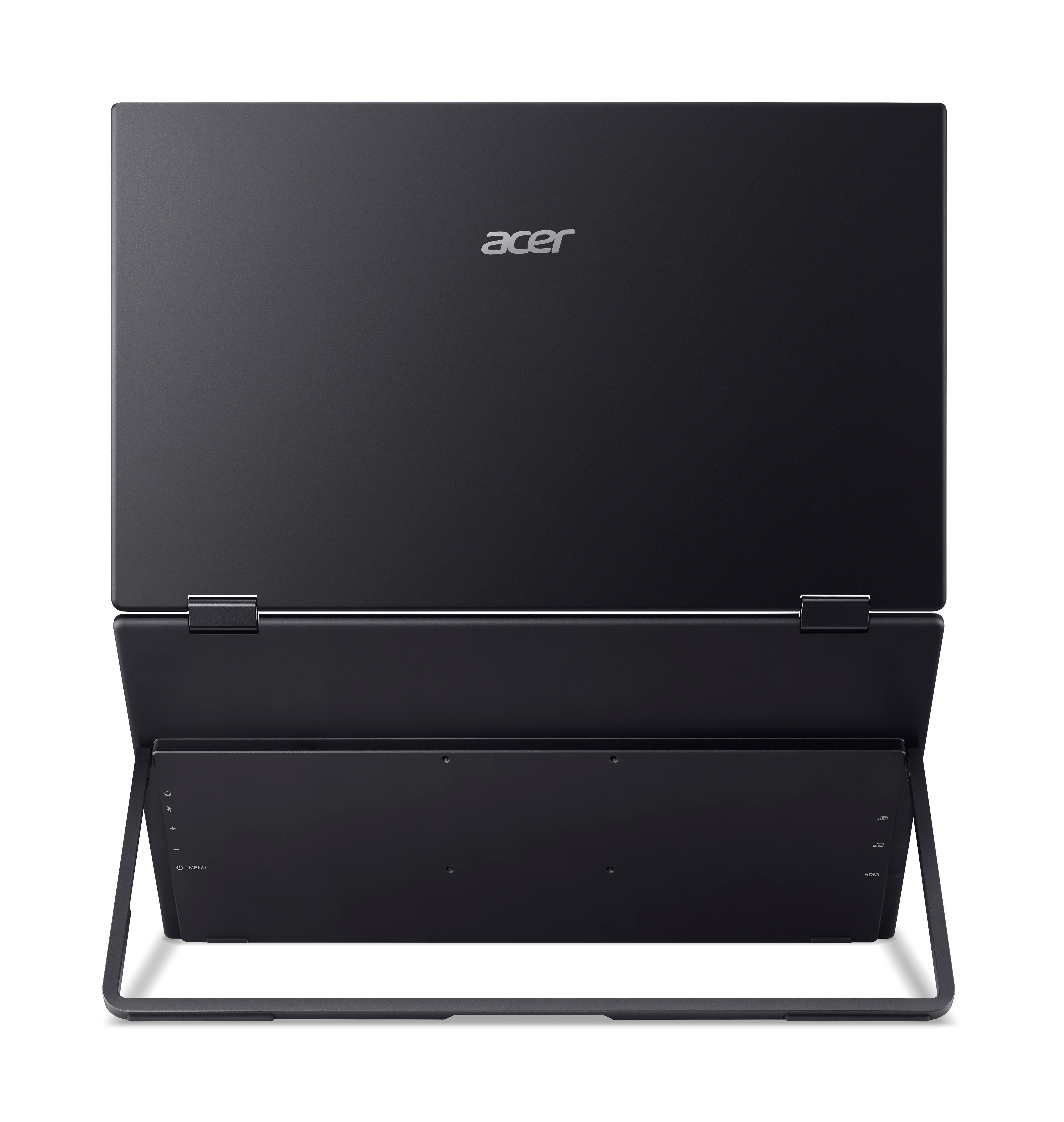 Ein schwarzer Acer Laptop im Tablet-Modus, auf einem weißen Hintergrund.