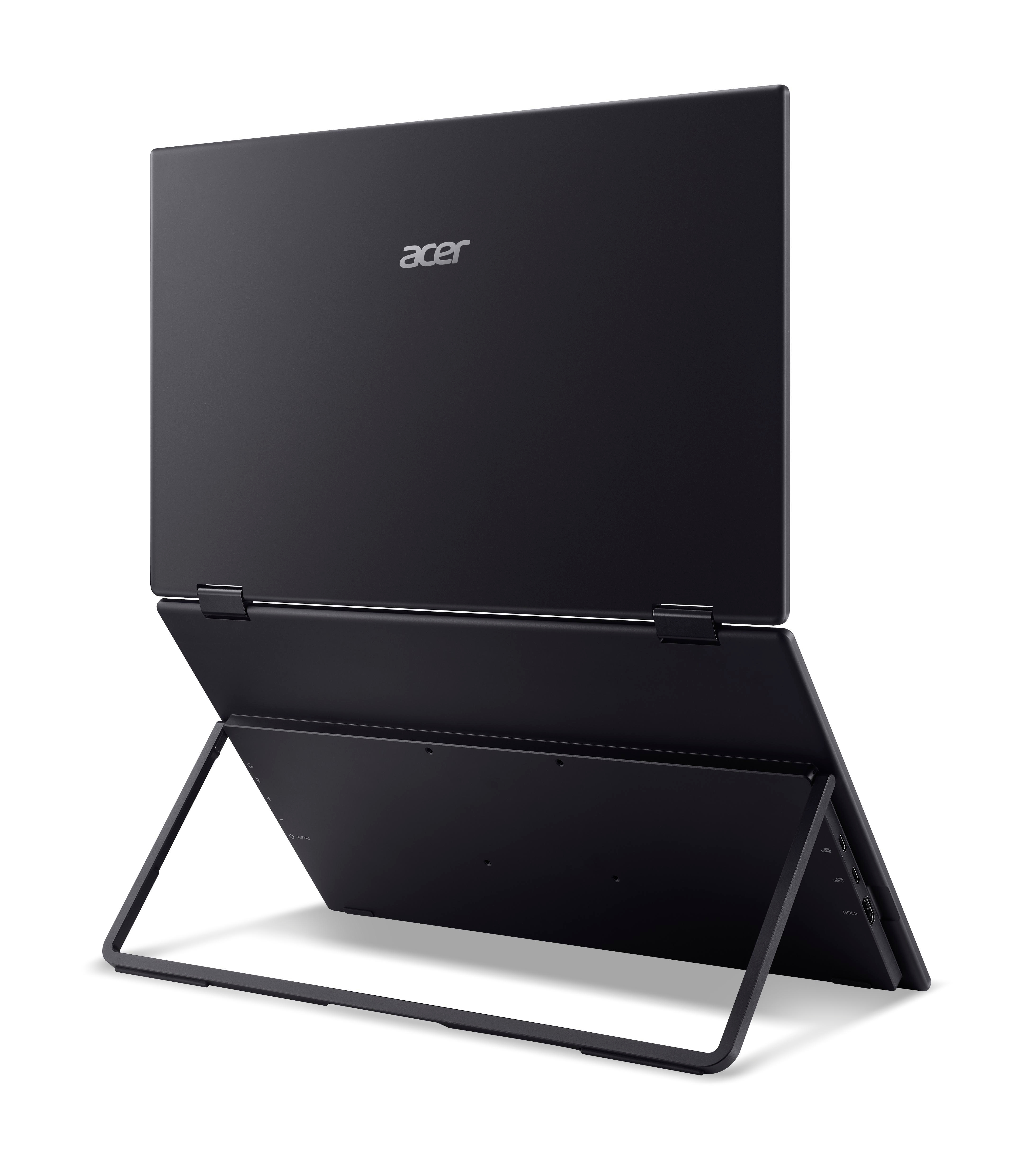 Ein schwarzer Acer Laptop im Tablet-Modus mit Ständer, Ansicht von hinten.