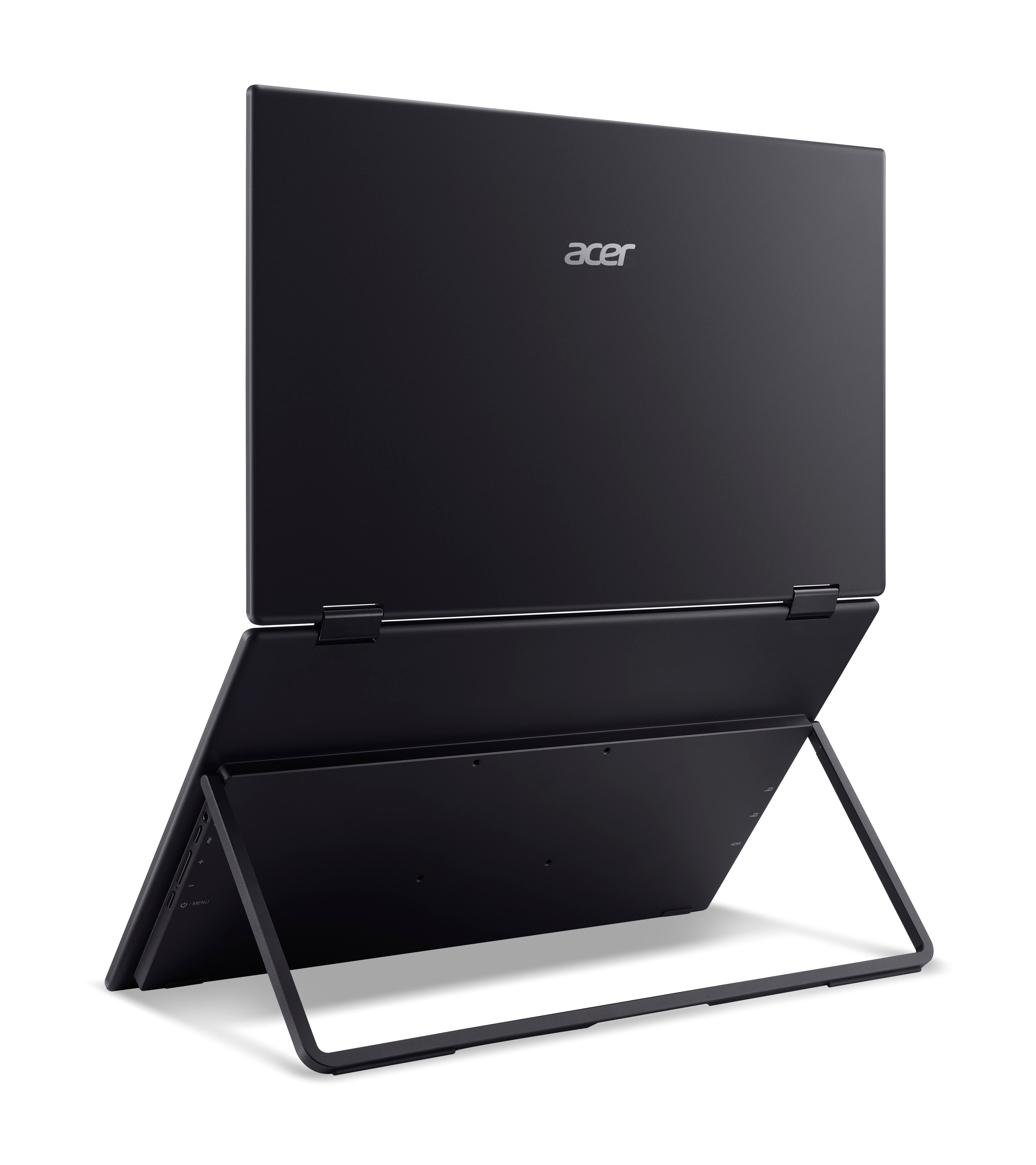 Schwarzer Acer Laptop im Tablet-Modus mit ausklappbarem Ständer, auf weißem Hintergrund.