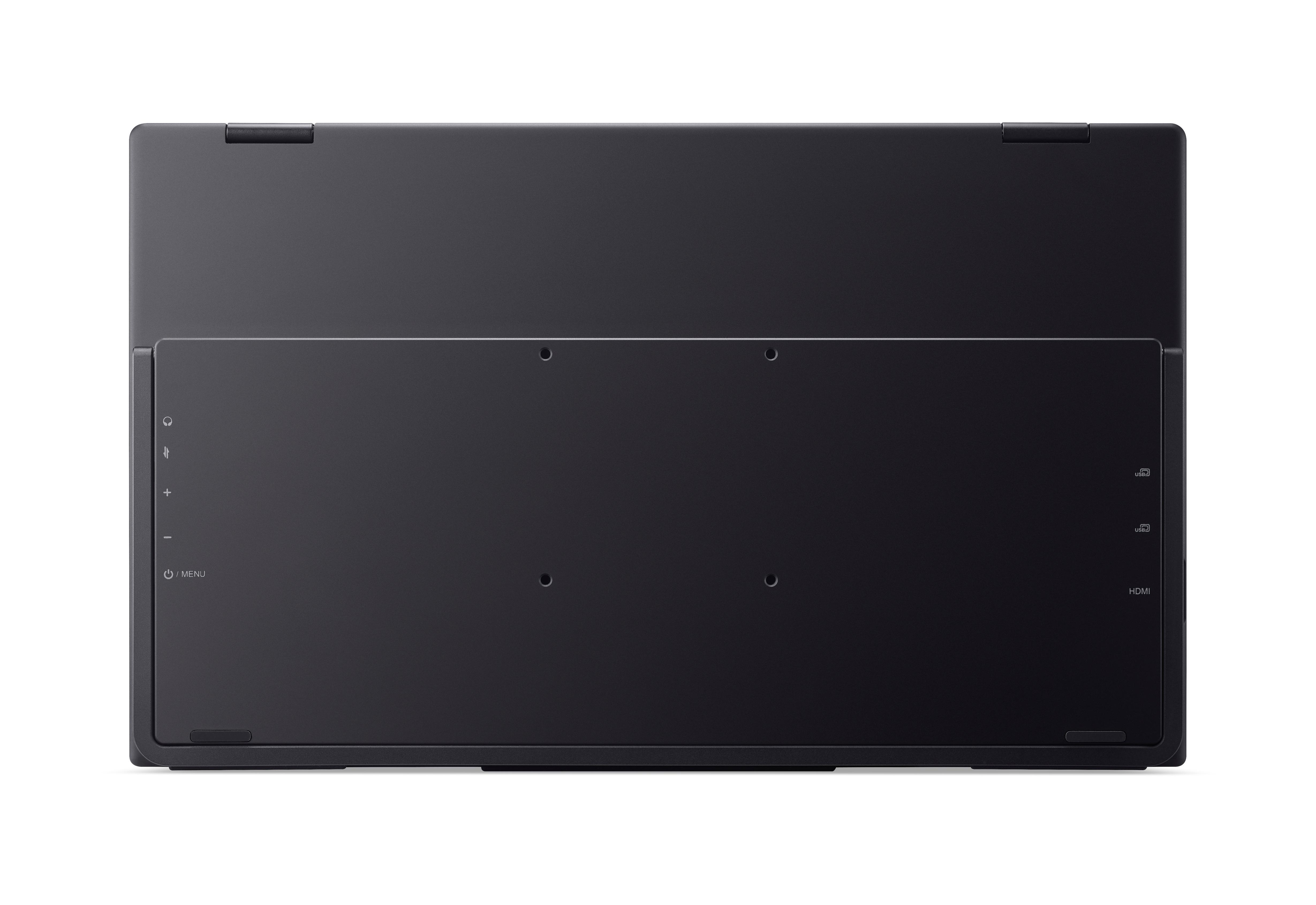 Rückseite eines schwarzen Laptops mit Anschlüssen und Tasten.