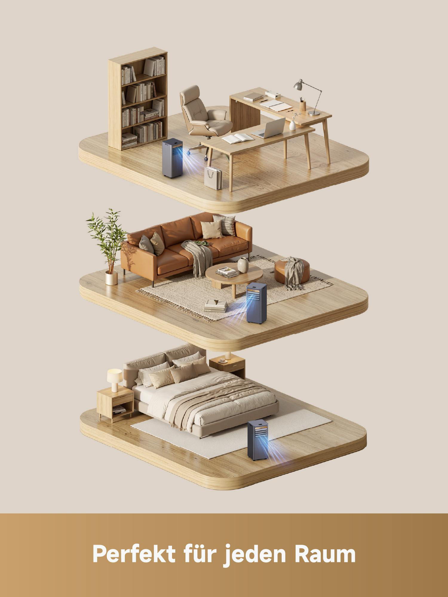 Drei Räume mit Luftreinigern: Büro, Wohnzimmer und Schlafzimmer.