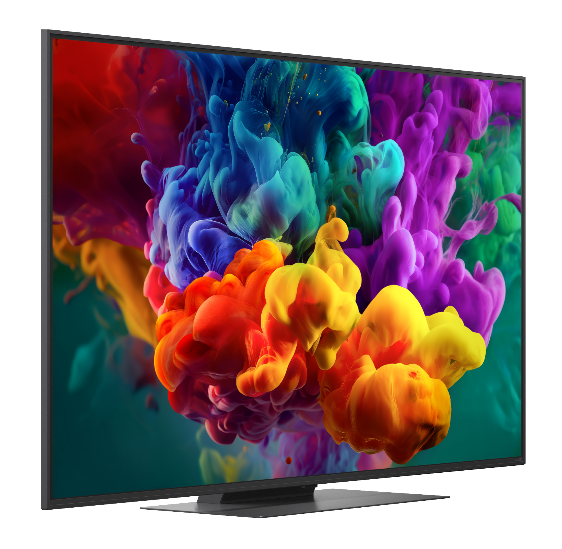 Nowoczesny telewizor wyświetla żywe kolory rozpuszczające się jak dym w wodzie.