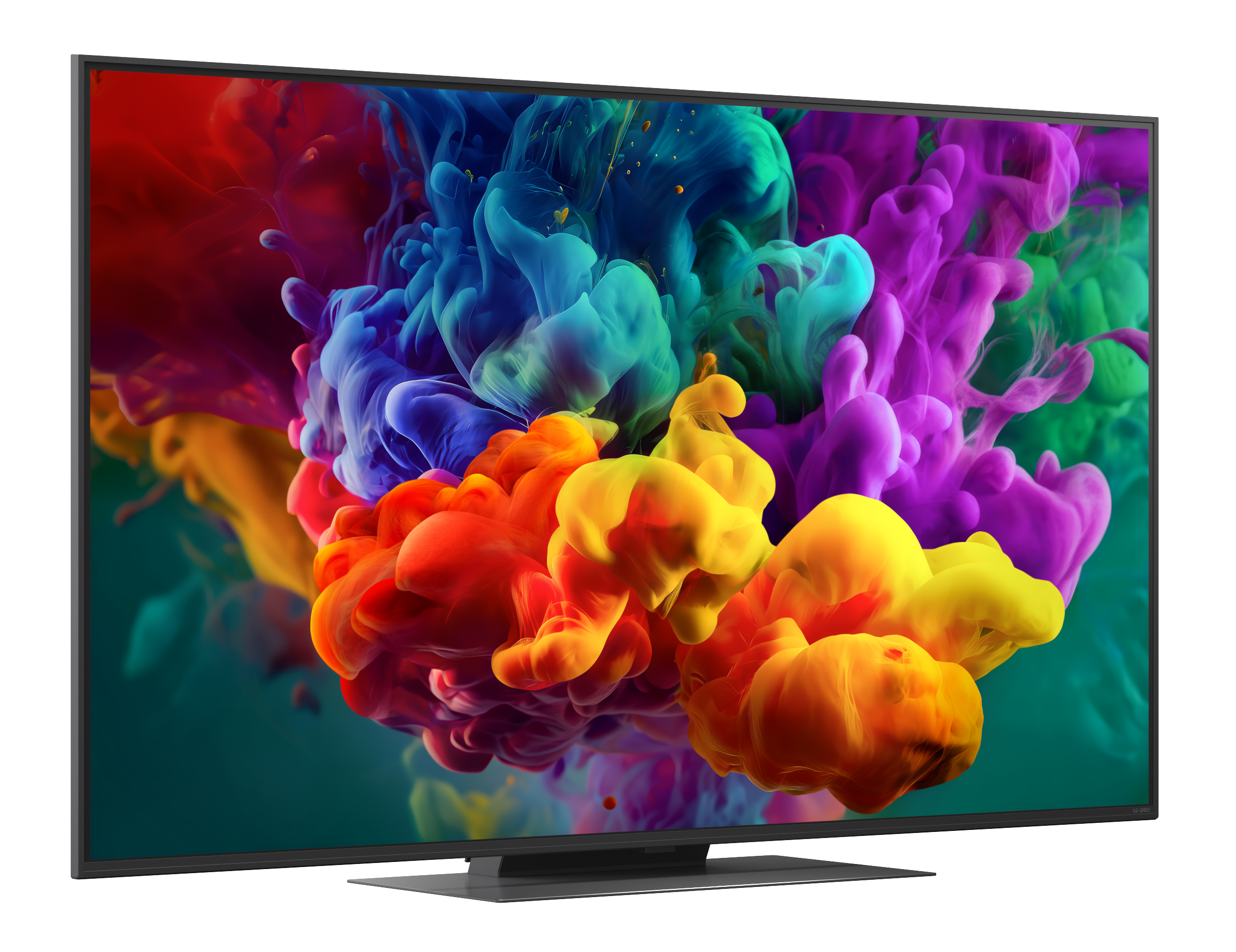 Nowoczesny telewizor wyświetla abstrakcyjny obraz kolorowych chmur dymu.