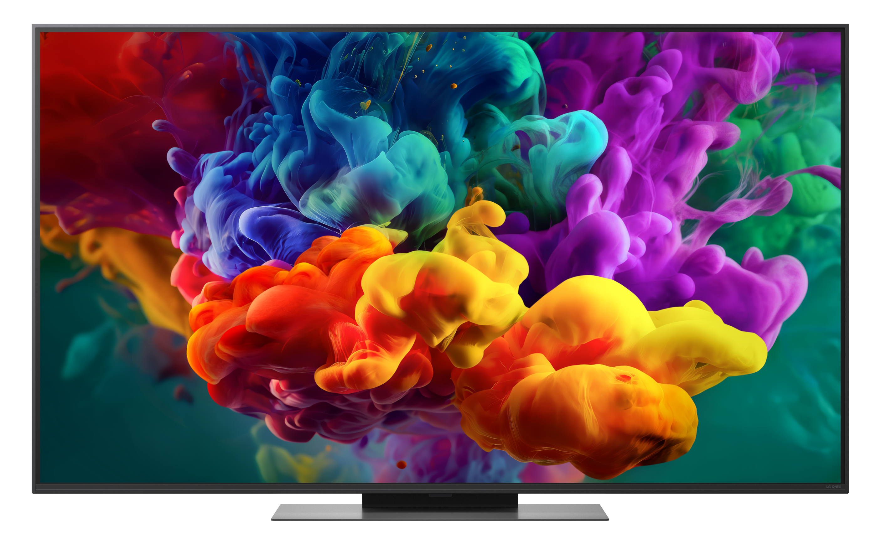 Telewizor wyświetla abstrakcyjny obraz z żywymi kolorami: czerwonym, pomarańczowym, żółtym, niebieskim i fioletowym.