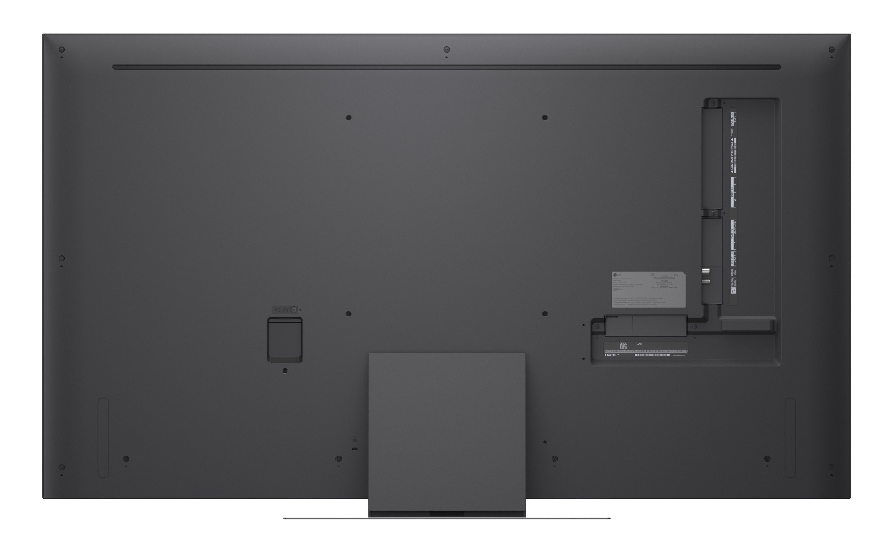 Tył ciemnego telewizora z portami: AC IN, HDMI, LAN, USB.