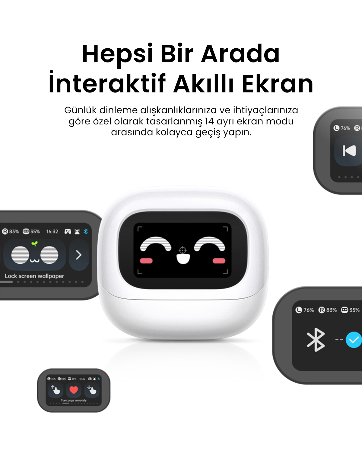 Sevimli yüzlü interaktif akıllı ekran. Çeşitli modlar görünür.