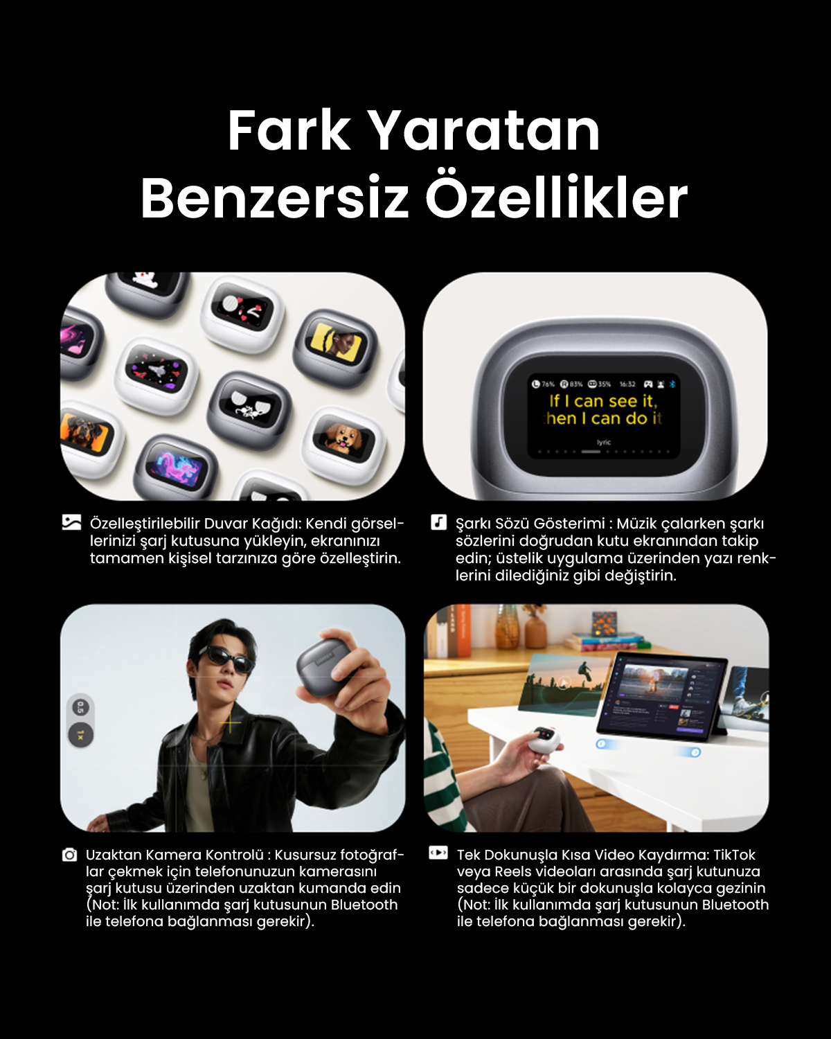 Dört görsel, kulaklık kılıfı kişiselleştirme seçeneklerini gösteriyor: ekran tasarımları, şarkı sözleri, uzaktan kamera, video.