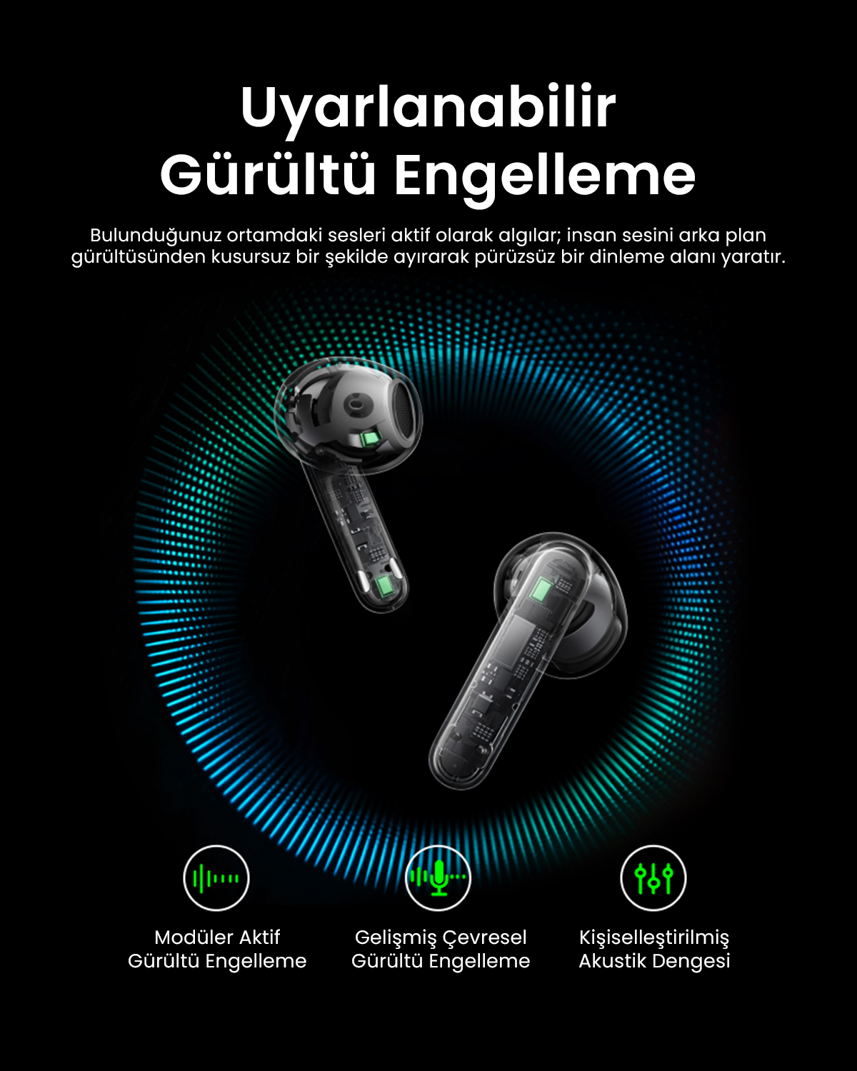 Dalga desenine karşı yeşil vurgulara sahip iki şeffaf kablosuz kulaklık.