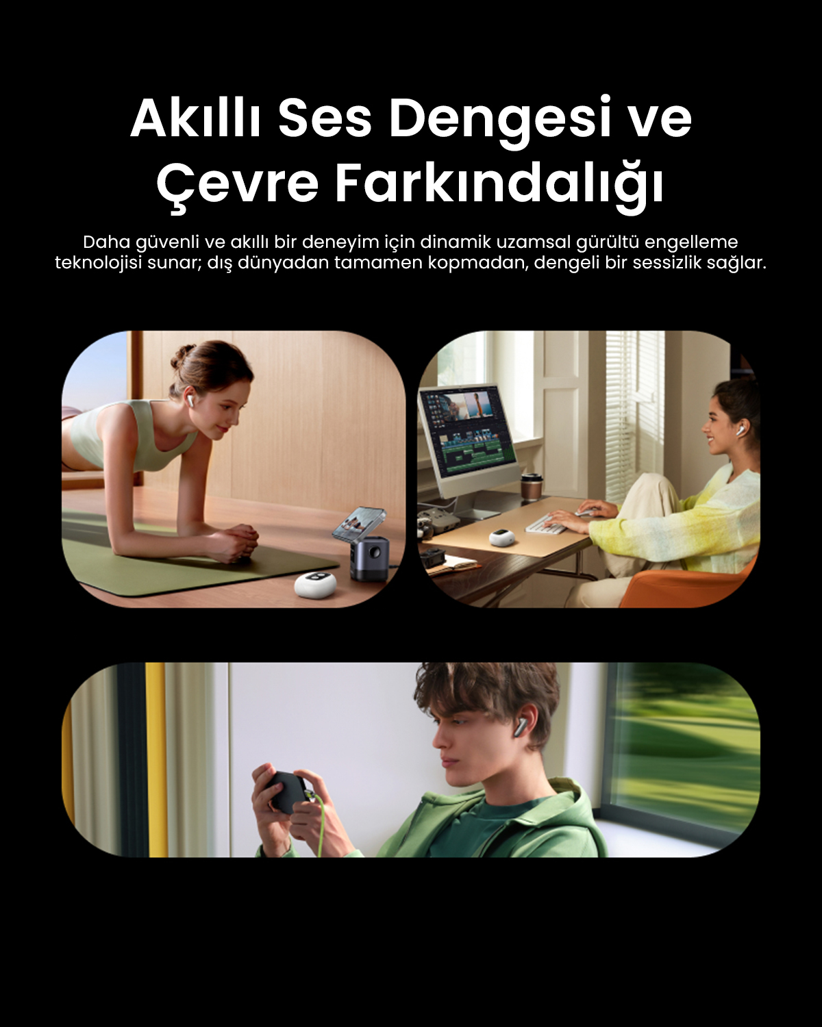 Kadın yoga yapıyor, kadın bilgisayarda çalışıyor, erkek telefonla oynuyor.