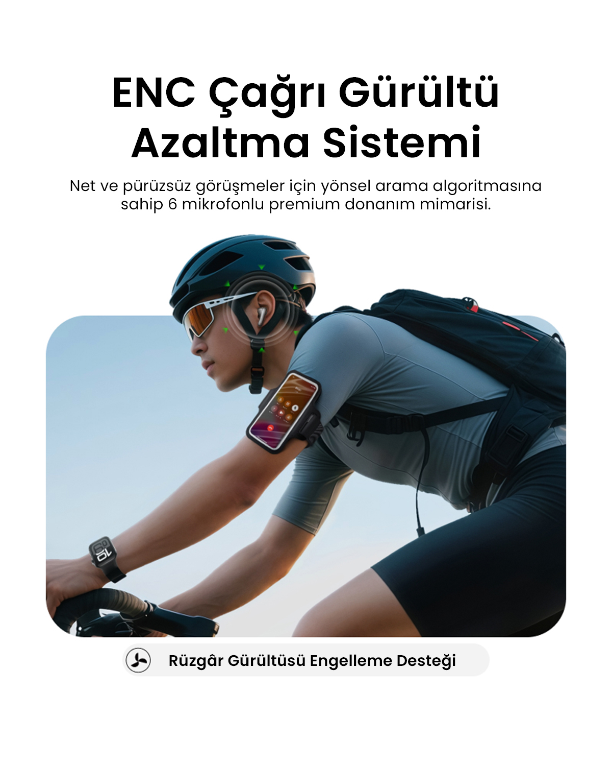 Kasklı ve kulaklıklı bisikletçi, kolunda telefon, gürültü engelleme metniyle.