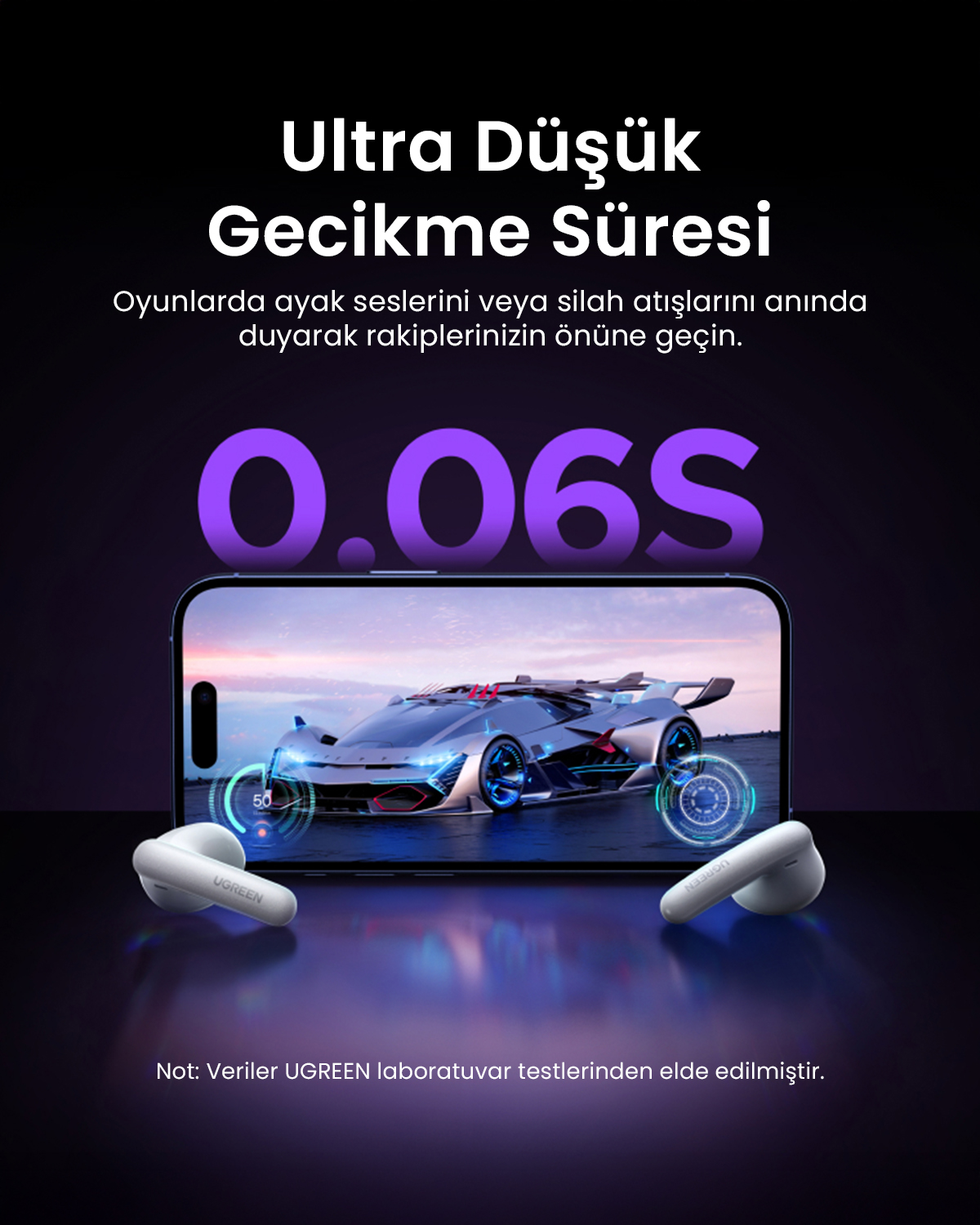 Akıllı telefon, fütüristik bir araba ile yarış oyunu gösteriyor. Yanında beyaz kulaklıklar var.