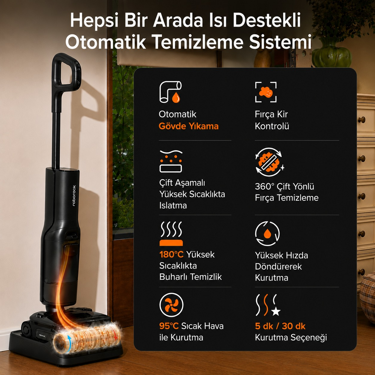 Özelliklerini detaylandıran bir bilgi kutusu içeren siyah robot süpürge.