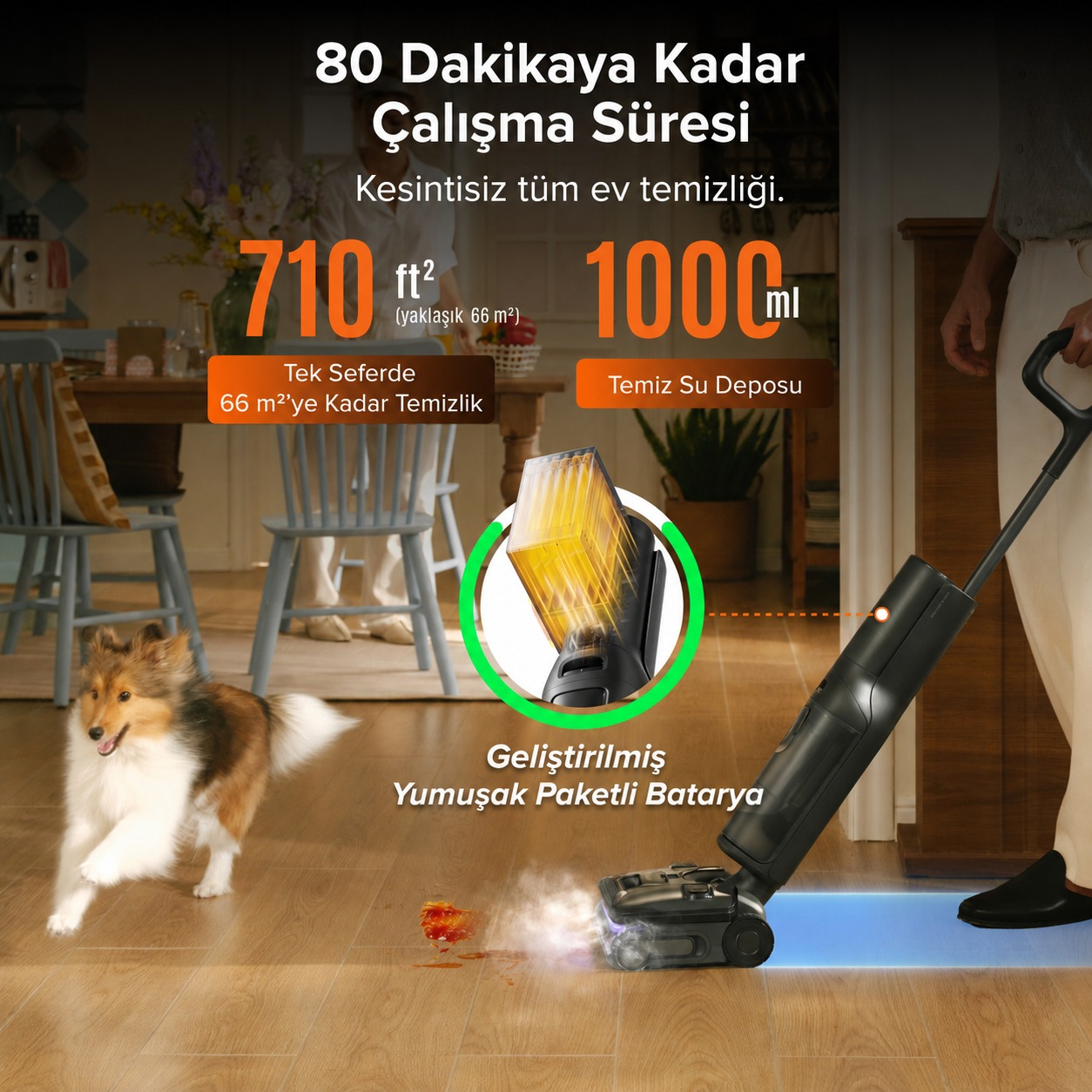 Bir köpek ahşap zeminde koşarken elektrikli süpürge temizliyor.