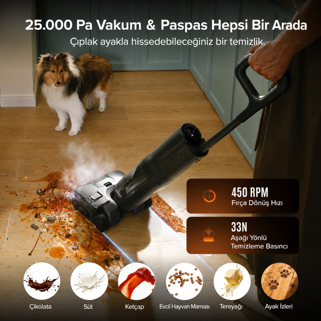Bir köpek ahşap zeminde dururken bir elektrikli süpürge lekeleri temizliyor.