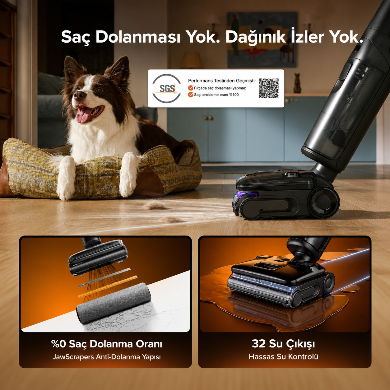 Bir köpek yatağında yatıyor, yanında elektrikli süpürge var. Altta iki yakın çekim.