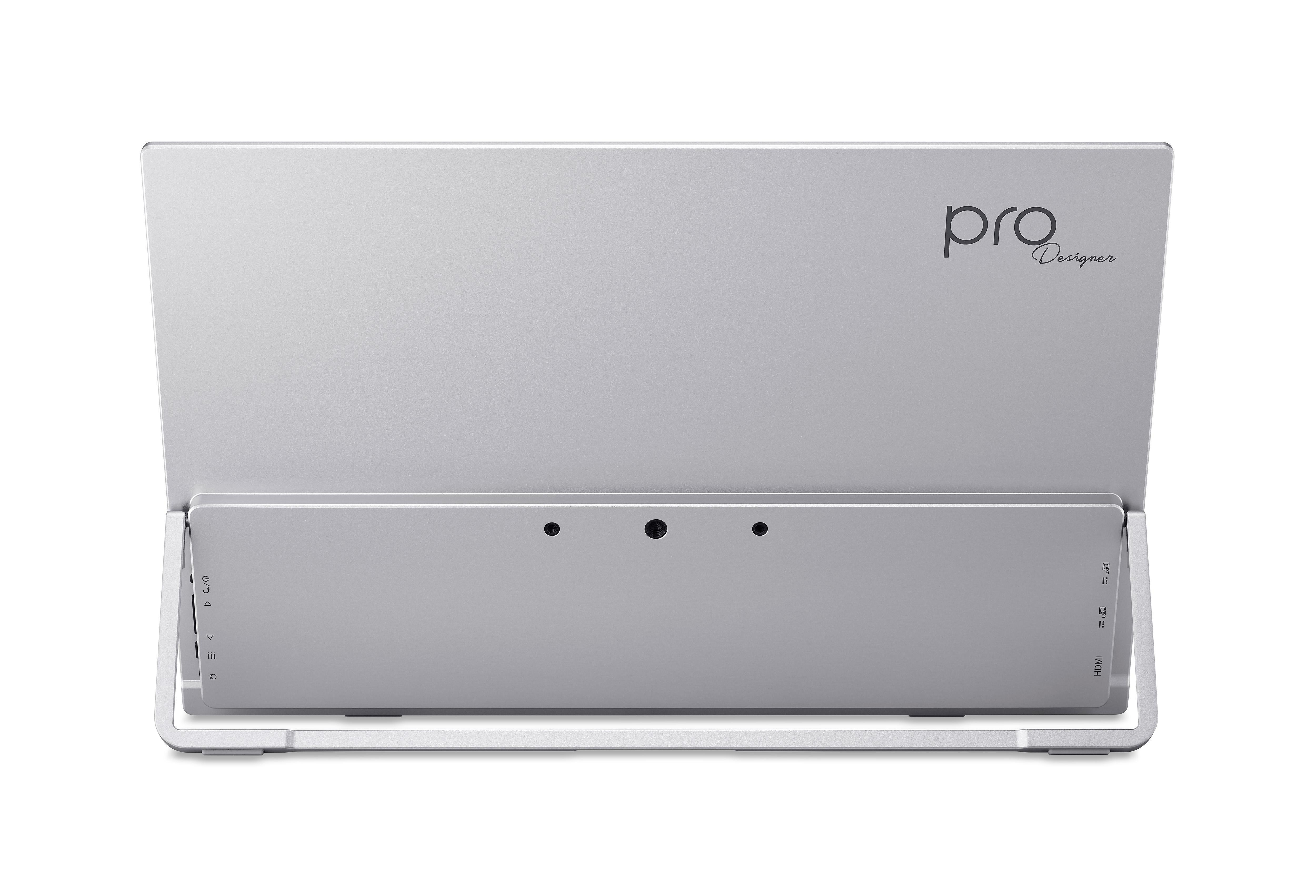 Ein silbernes Pro Designer Tablet mit geöffnetem Ständer und Anschlüssen.