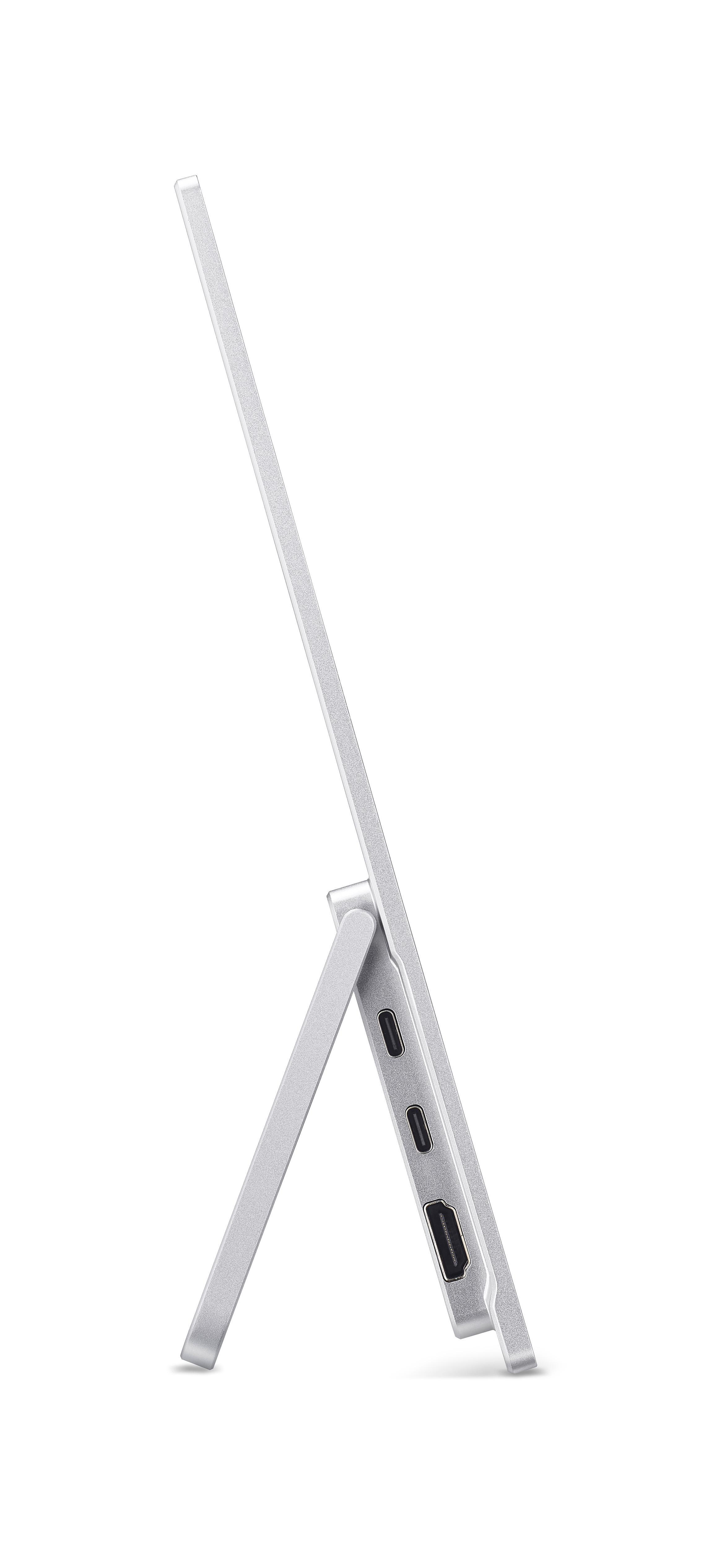 Ein silberner Laptop, von der Seite mit integriertem Ständer und Anschlüssen.