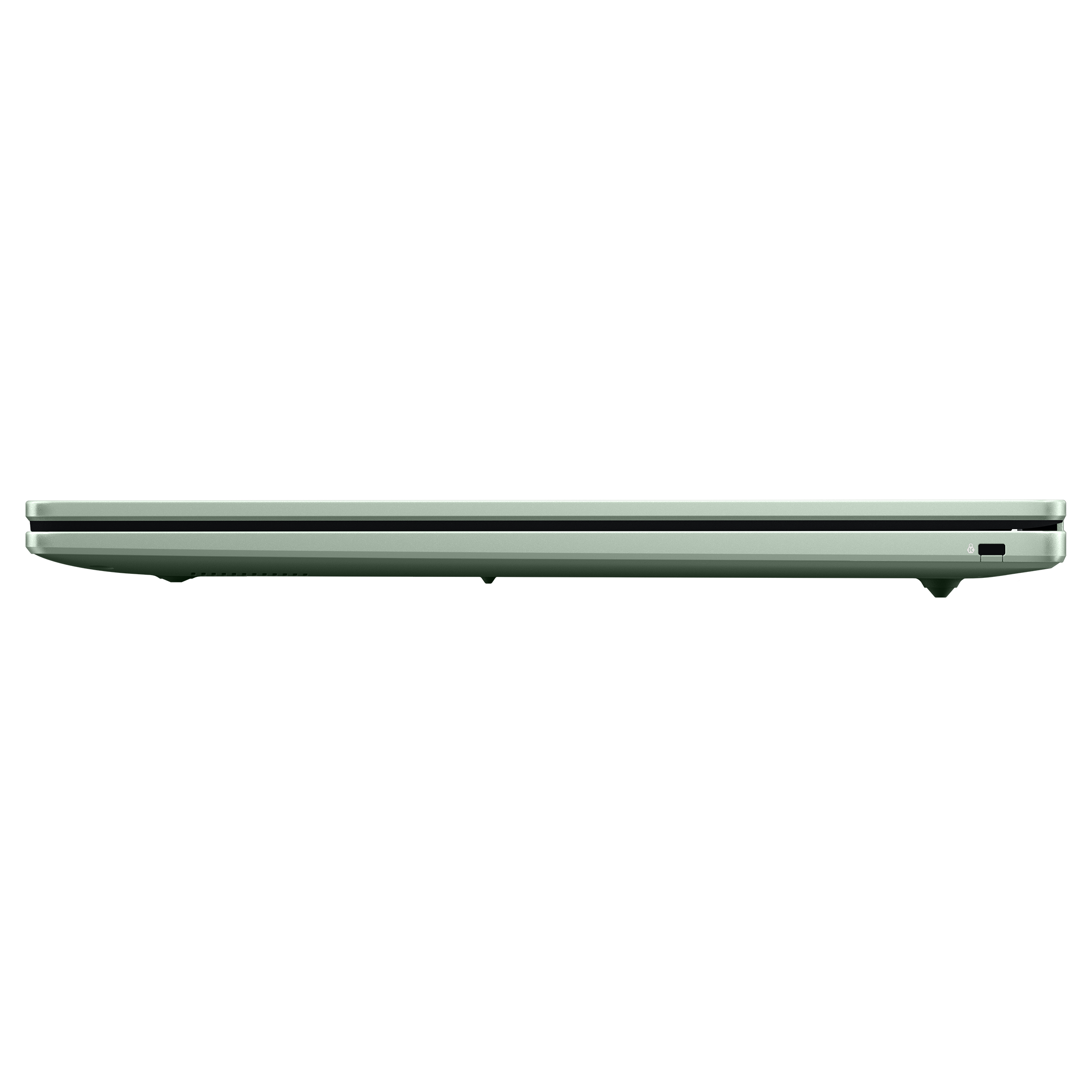 Ein schlankes, hellgrünes Laptopgehäuse im Seitenprofil auf schwarzem Hintergrund.