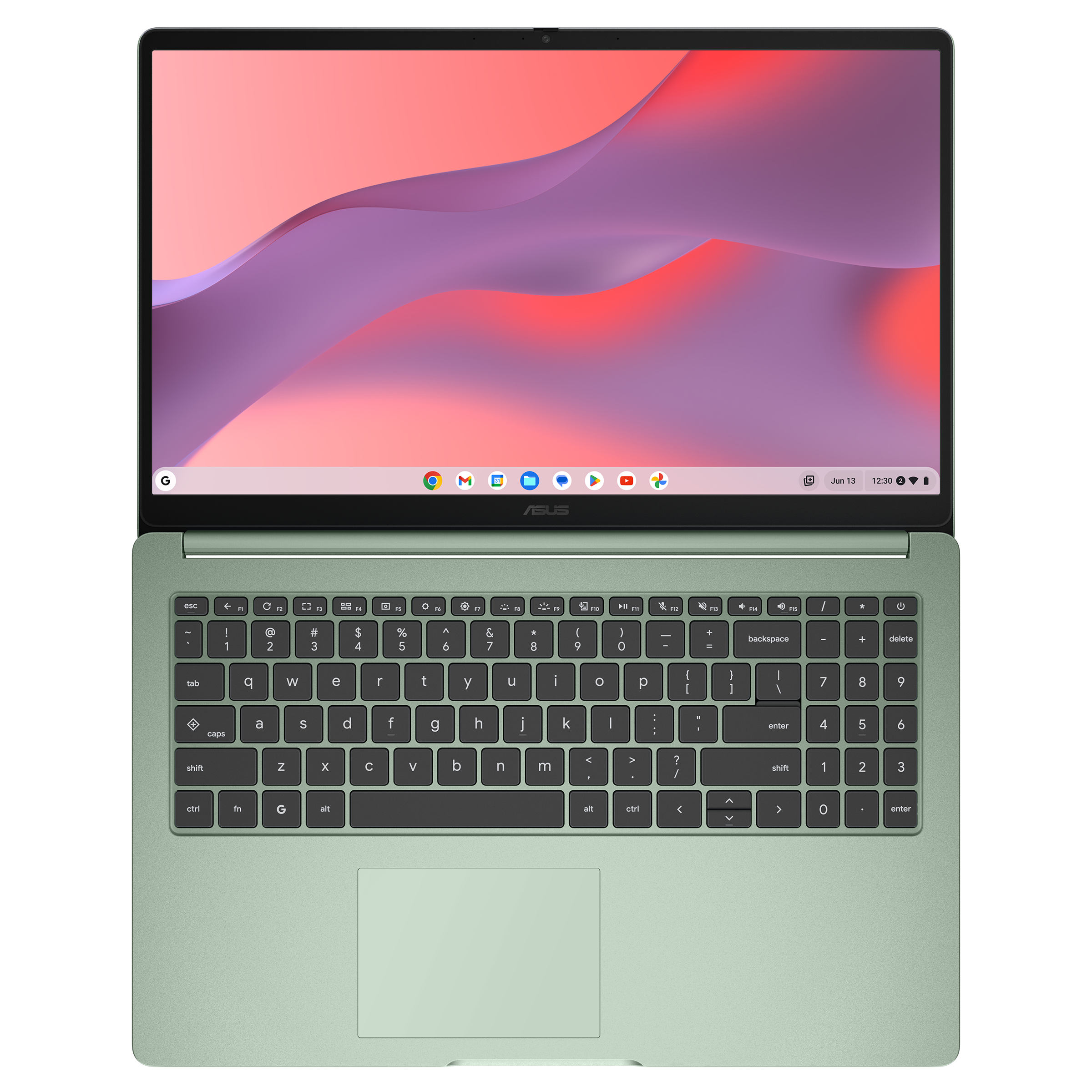 Ein hellgrünes Asus Chromebook mit geöffnetem Bildschirm und Tastatur.
