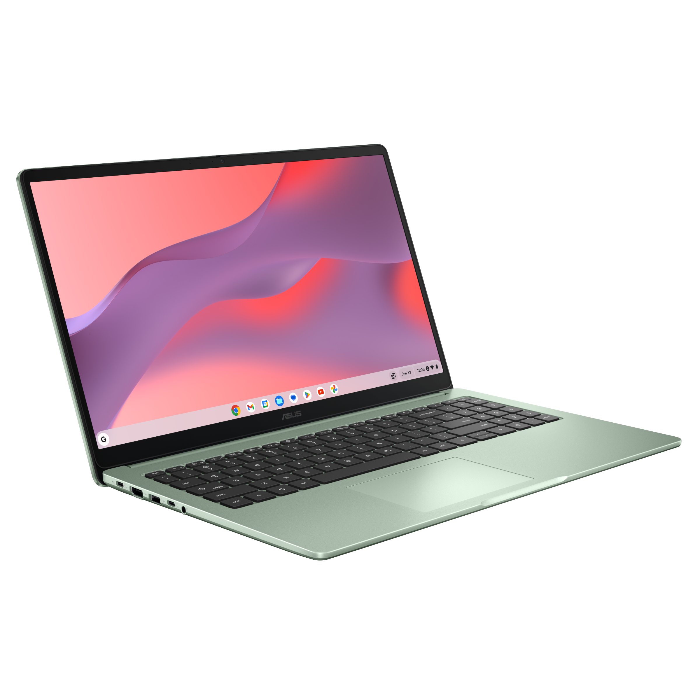 Ein hellgrüner Laptop ist geöffnet, mit Tastatur und Bildschirm.