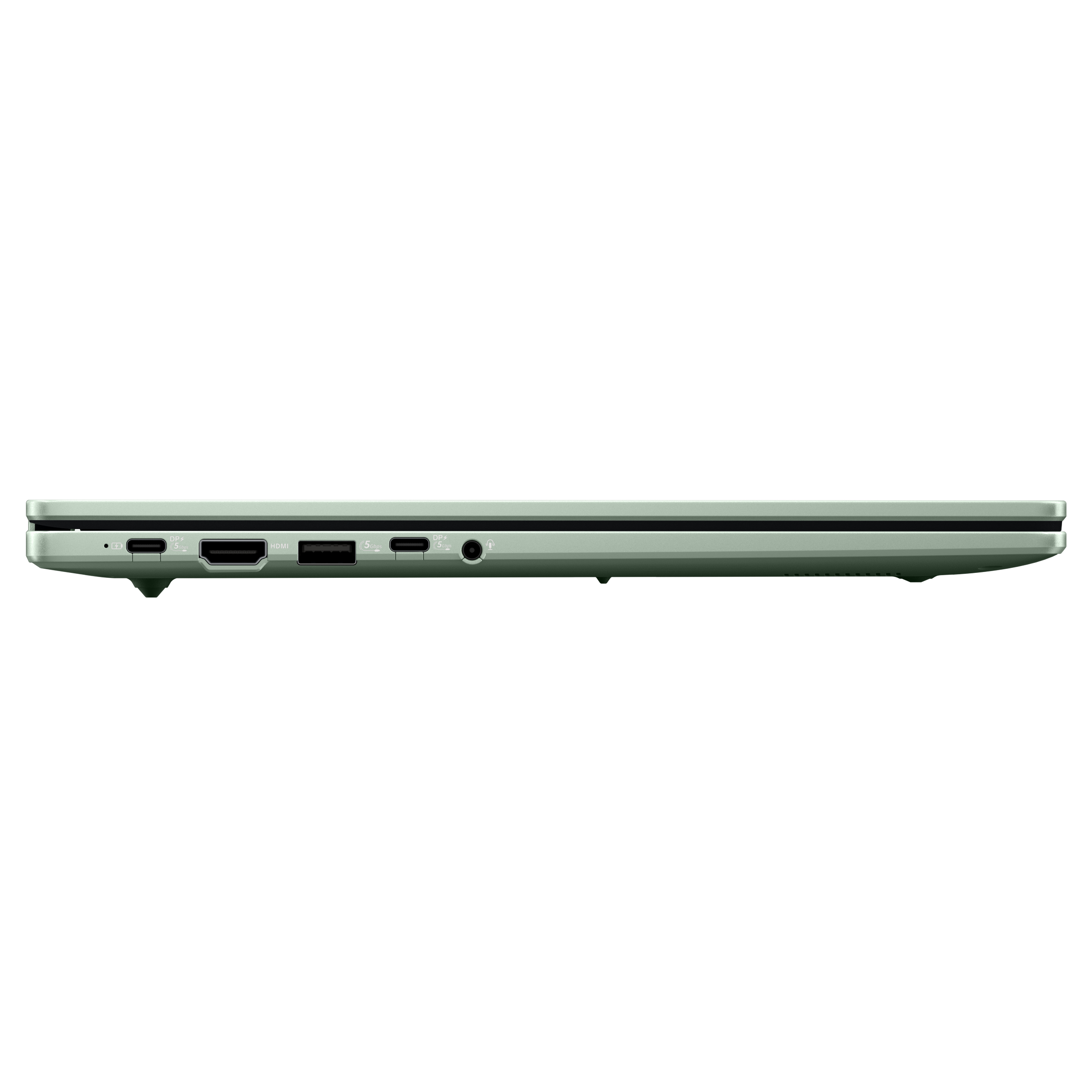 Seitenansicht eines hellgrünen Laptops mit Anschlüssen: USB-C, HDMI und Kopfhörer.