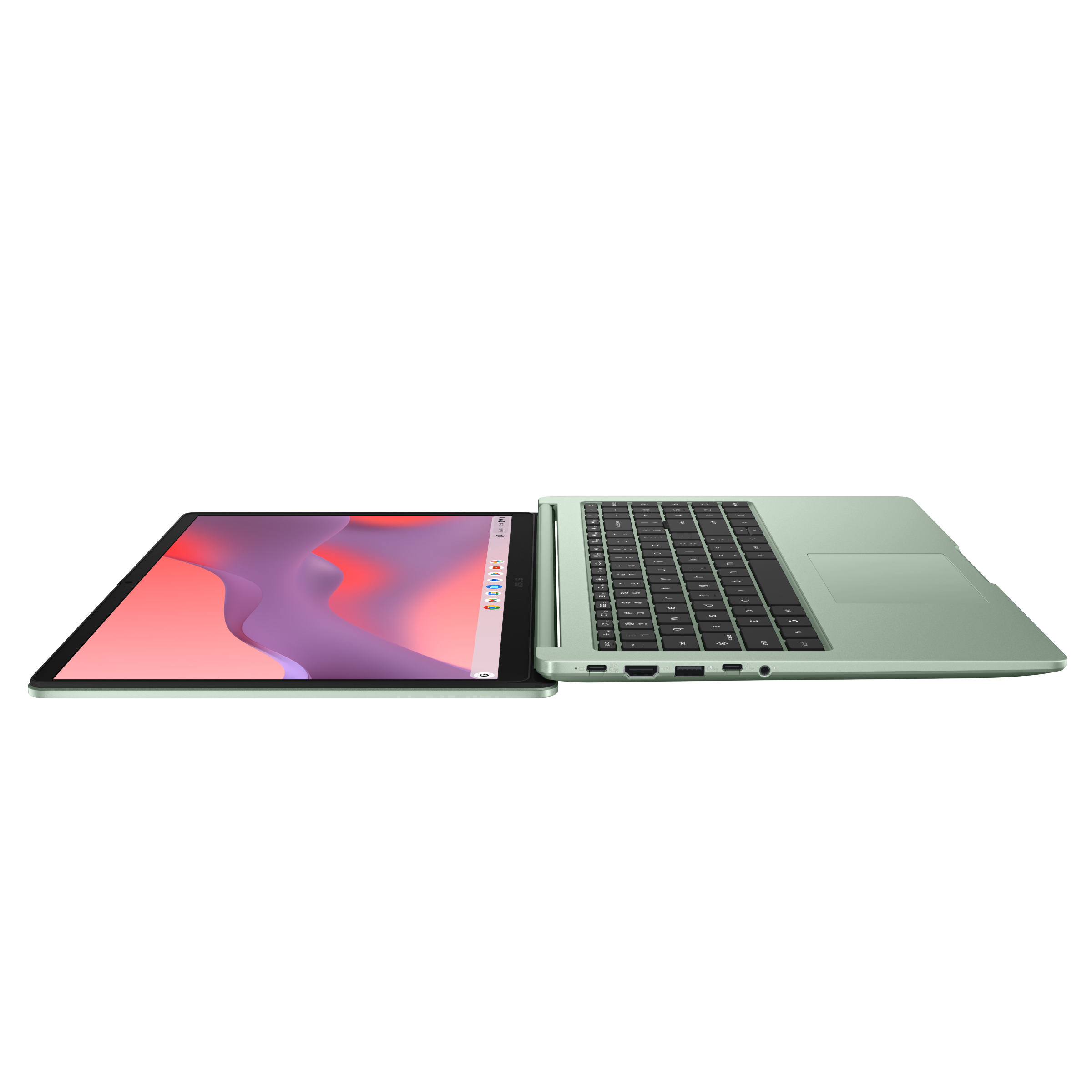 Ein hellgrüner Laptop ist geöffnet, zeigt den Bildschirm und die Tastatur.