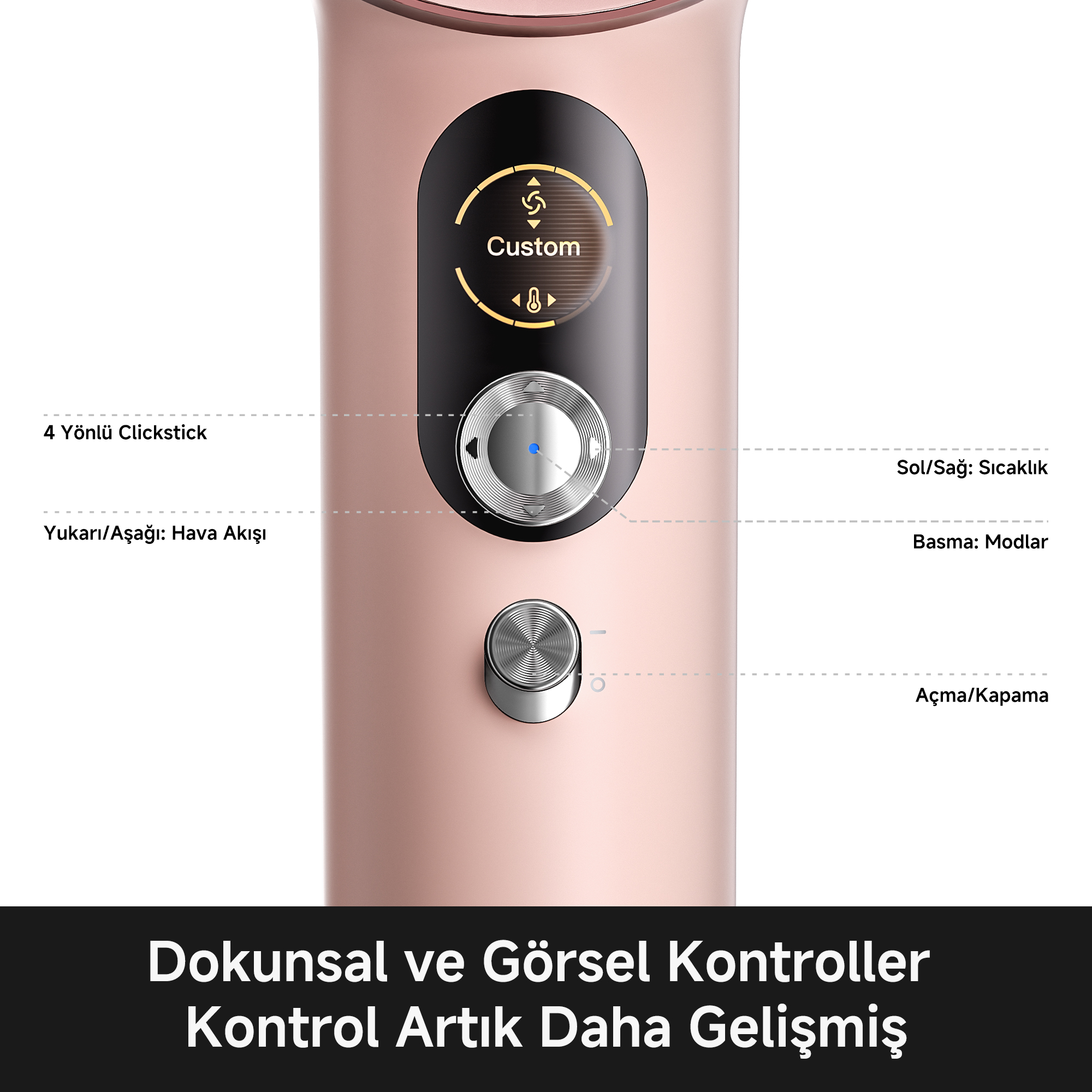 Kontroller ve düğmeler içeren dokunmatik ekrana sahip, rose gold renkli cihaz.