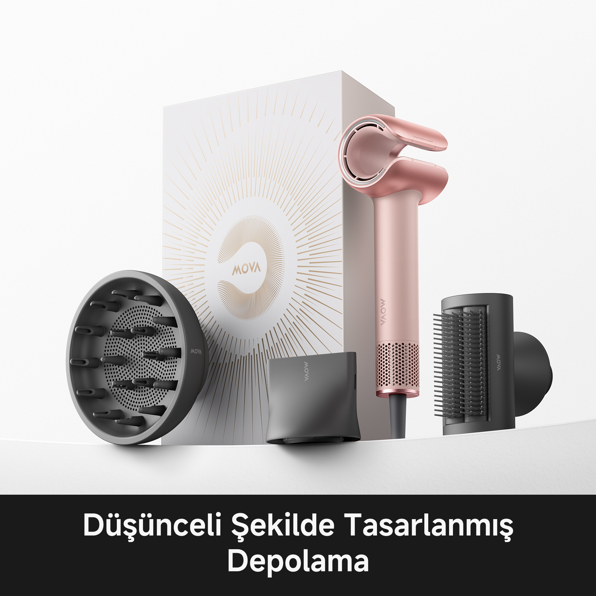 Aksesuar ve kutusuyla gül altın rengi saç kurutma makinesi.