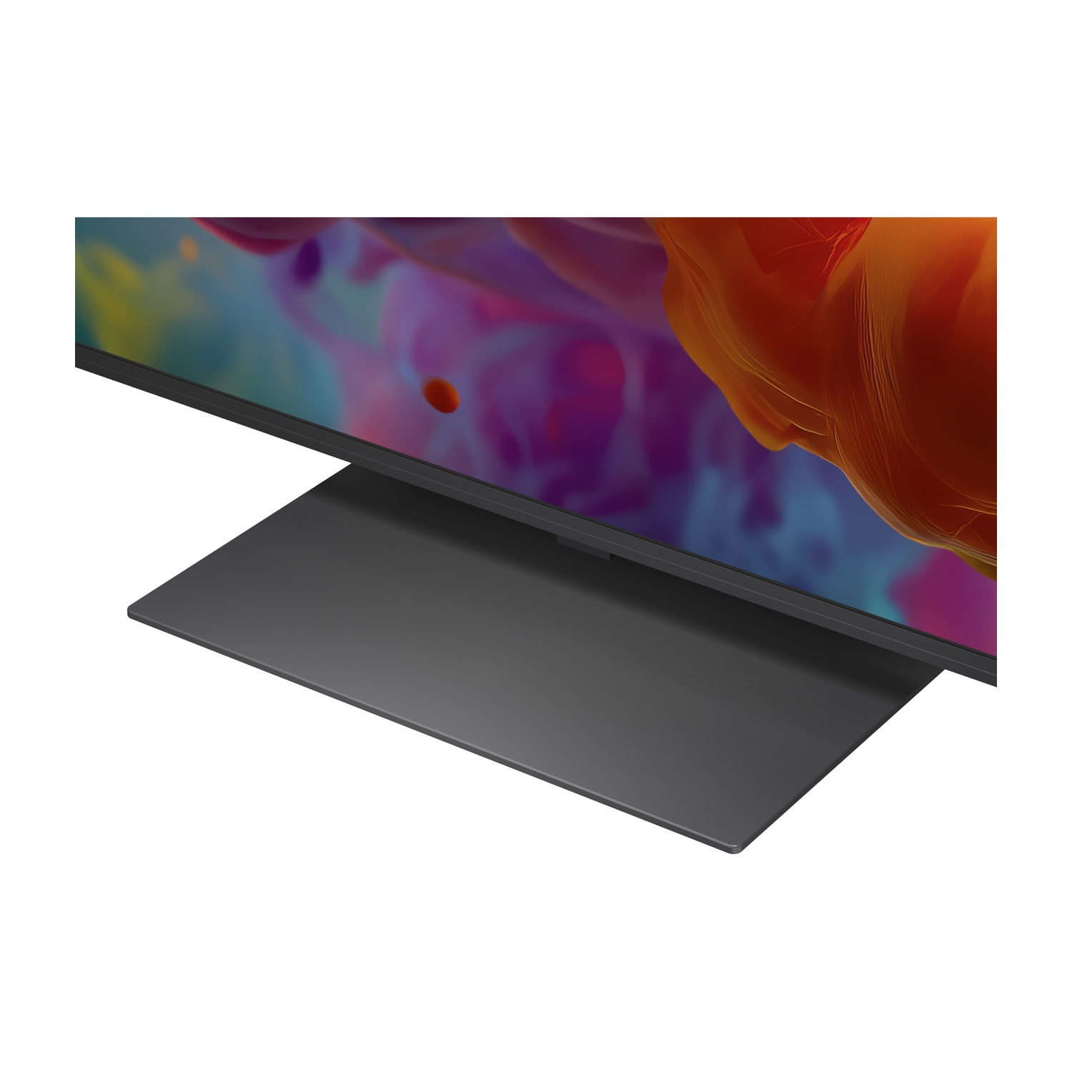 Supporto TV nero piatto davanti a uno sfondo astratto colorato.