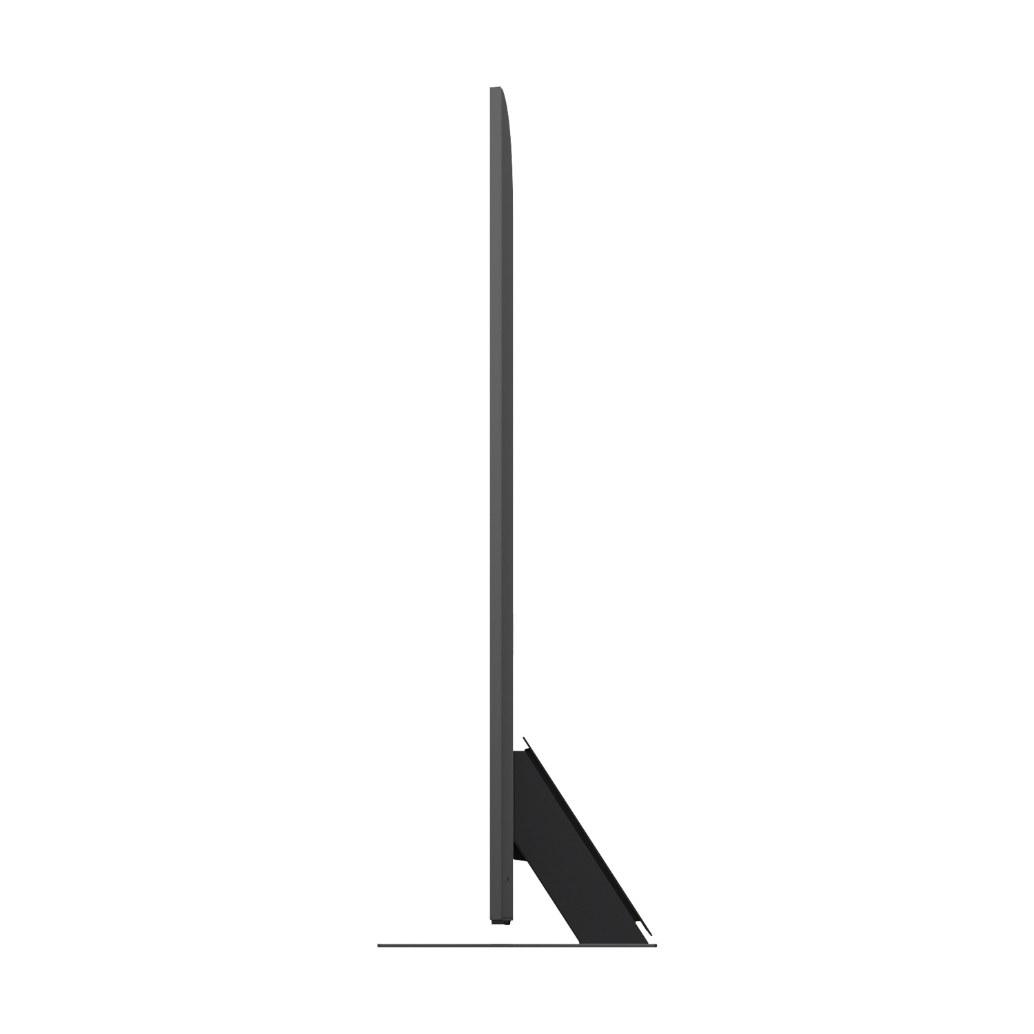TV nero sottile con supporto nero, mostrato di lato.
