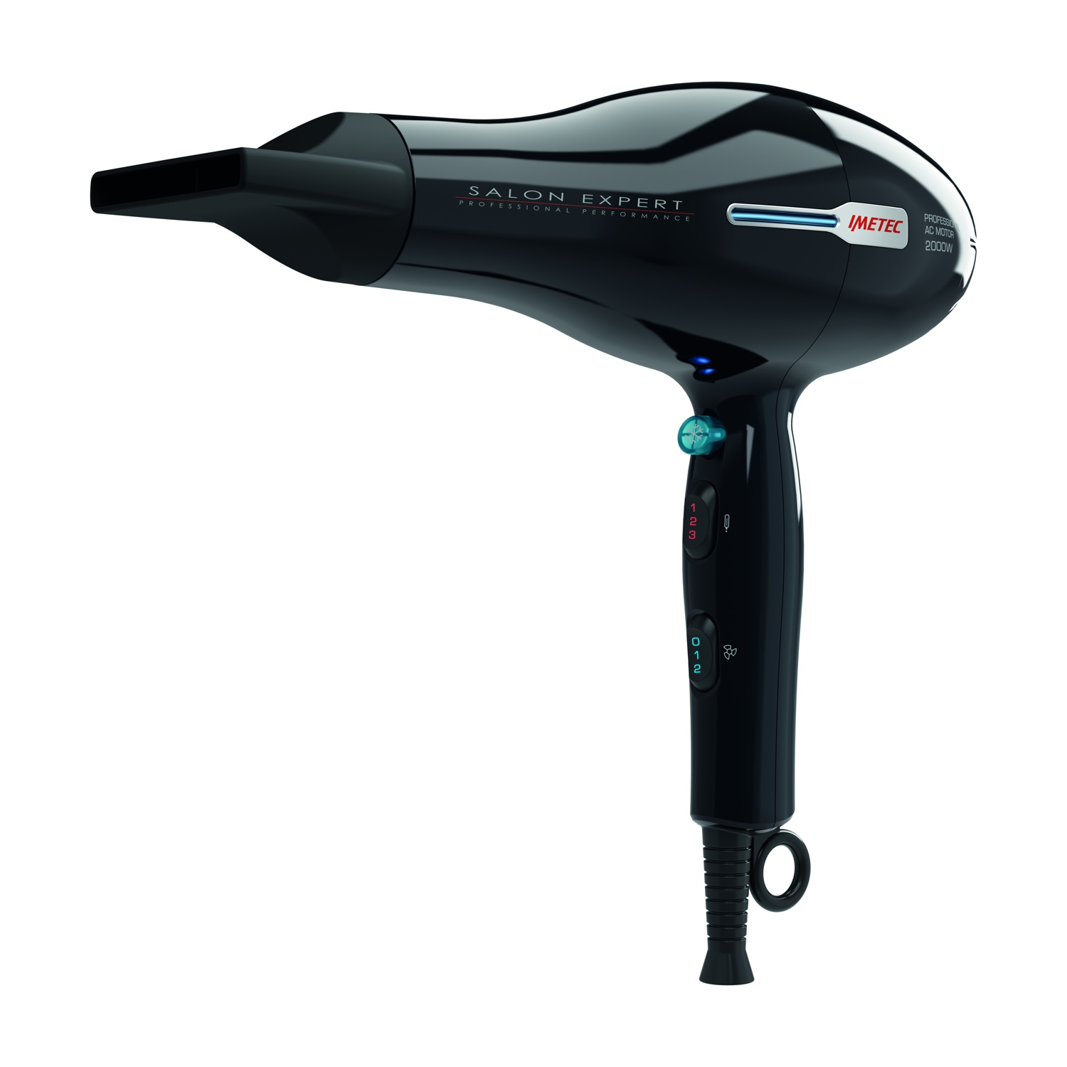 Un asciugacapelli nero IMETEC SALON EXPERT con ugello concentratore e controlli.