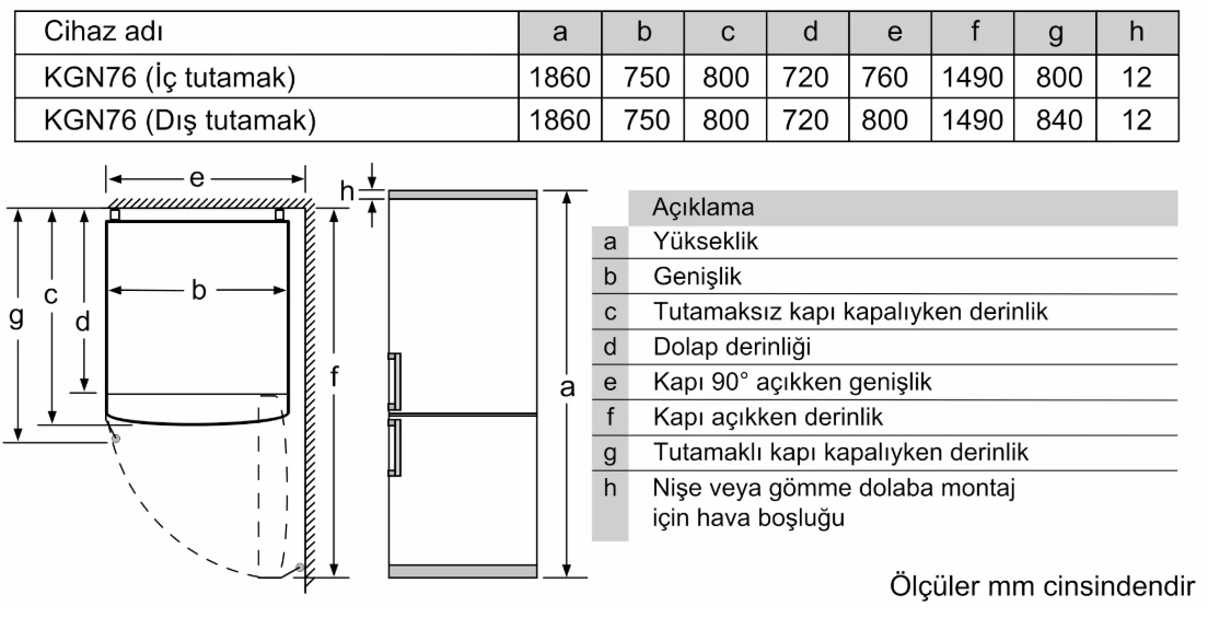 Boyutlar ve tablolar içeren buzdolabı teknik çizimi.