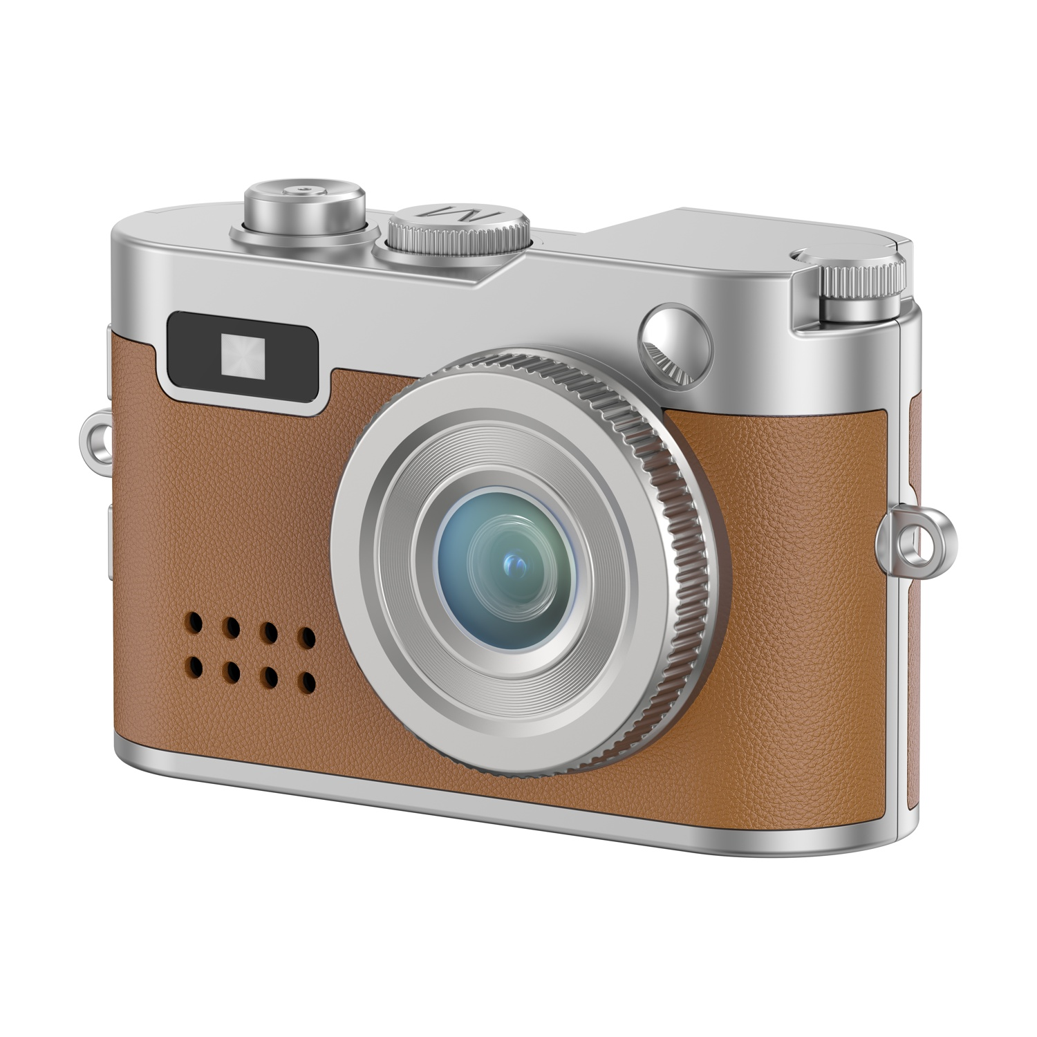 Una fotocamera retrò marrone con dettagli argentati e obiettivo.