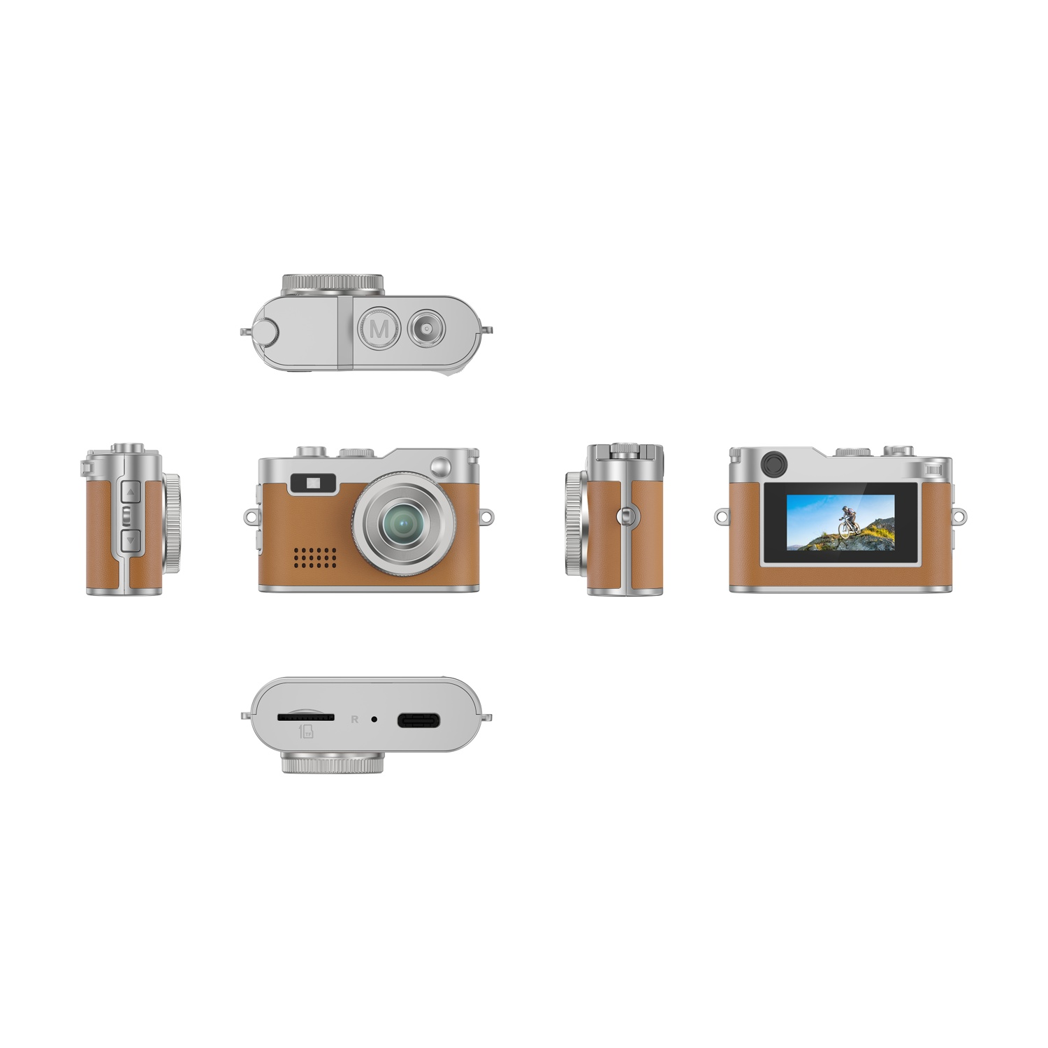 Una fotocamera argento con accenti marroni, vista da più angolazioni.