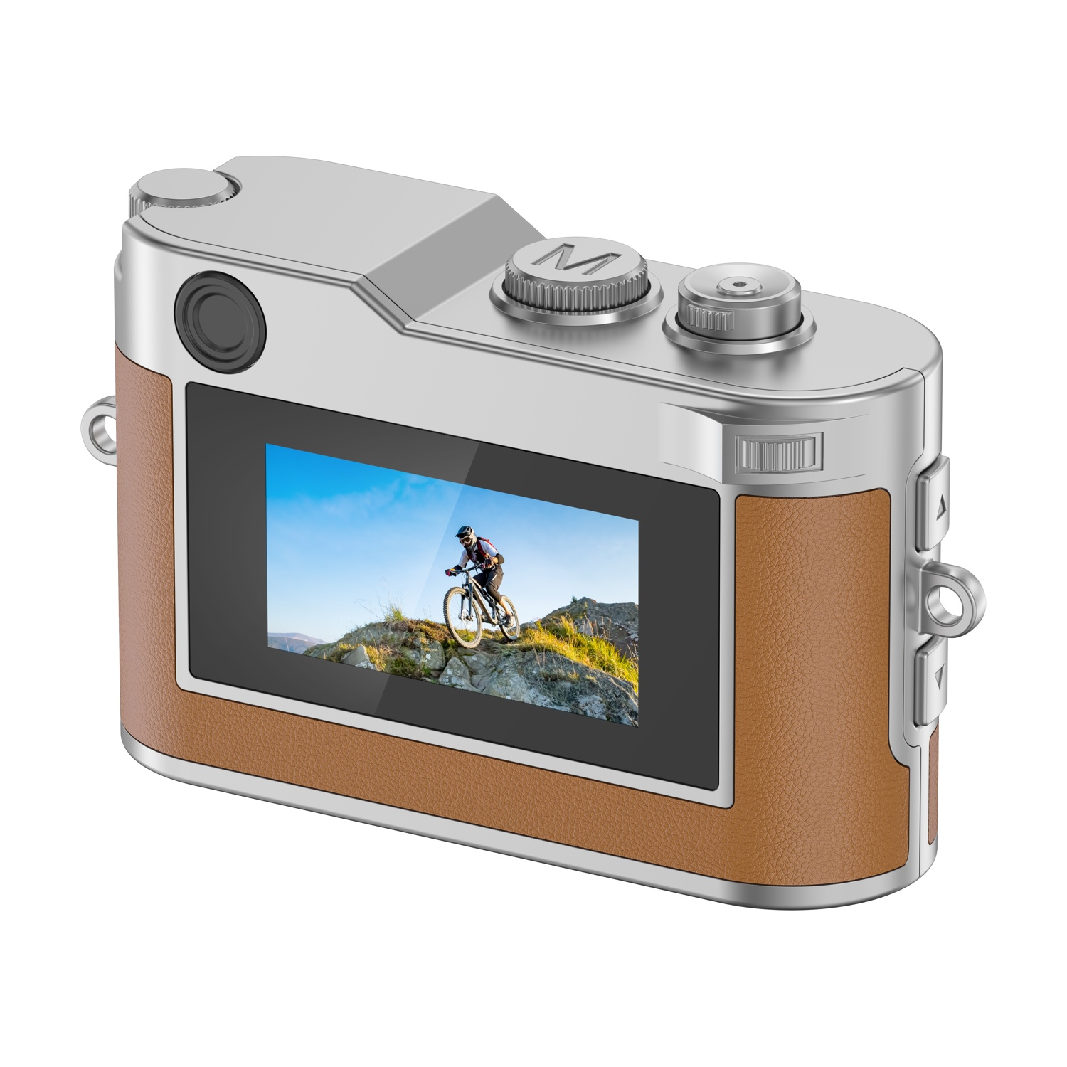 Fotocamera con corpo in pelle marrone e argento, mostra un ciclista su una montagna.