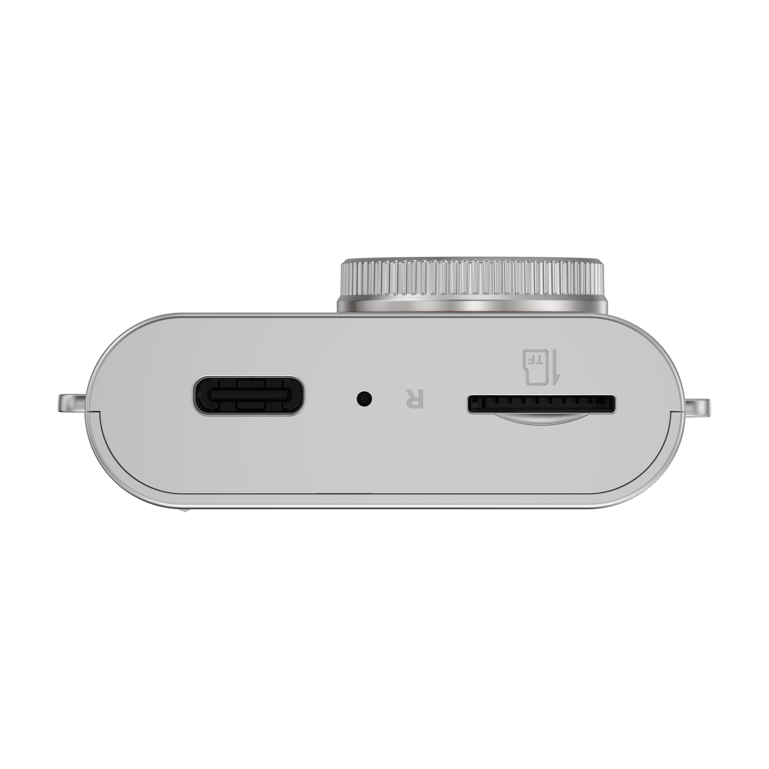 Dispositivo argentato con porta USB-C, spia luminosa, slot per scheda TF e ghiera zigrinata.