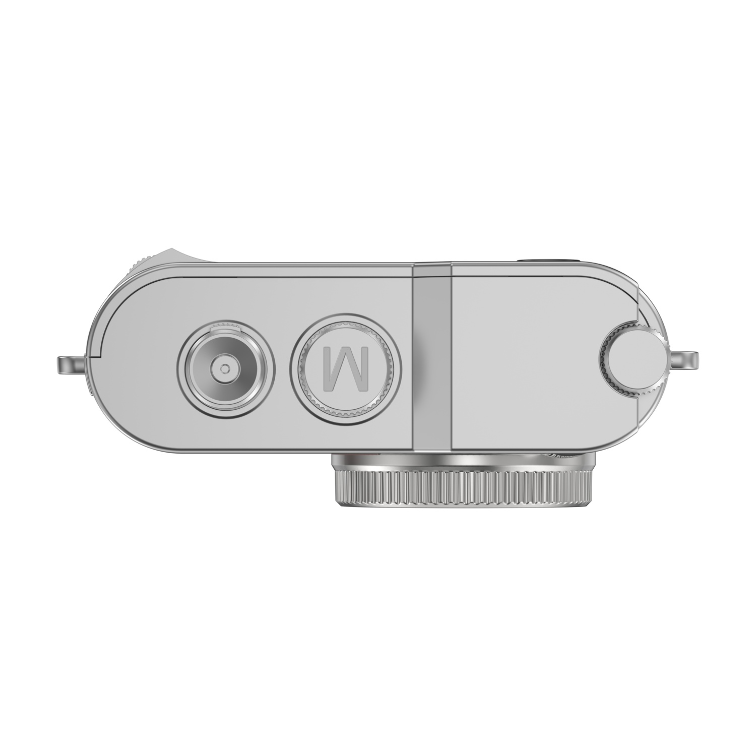 Una fotocamera argentata vista dall'alto, con controlli e obiettivo.