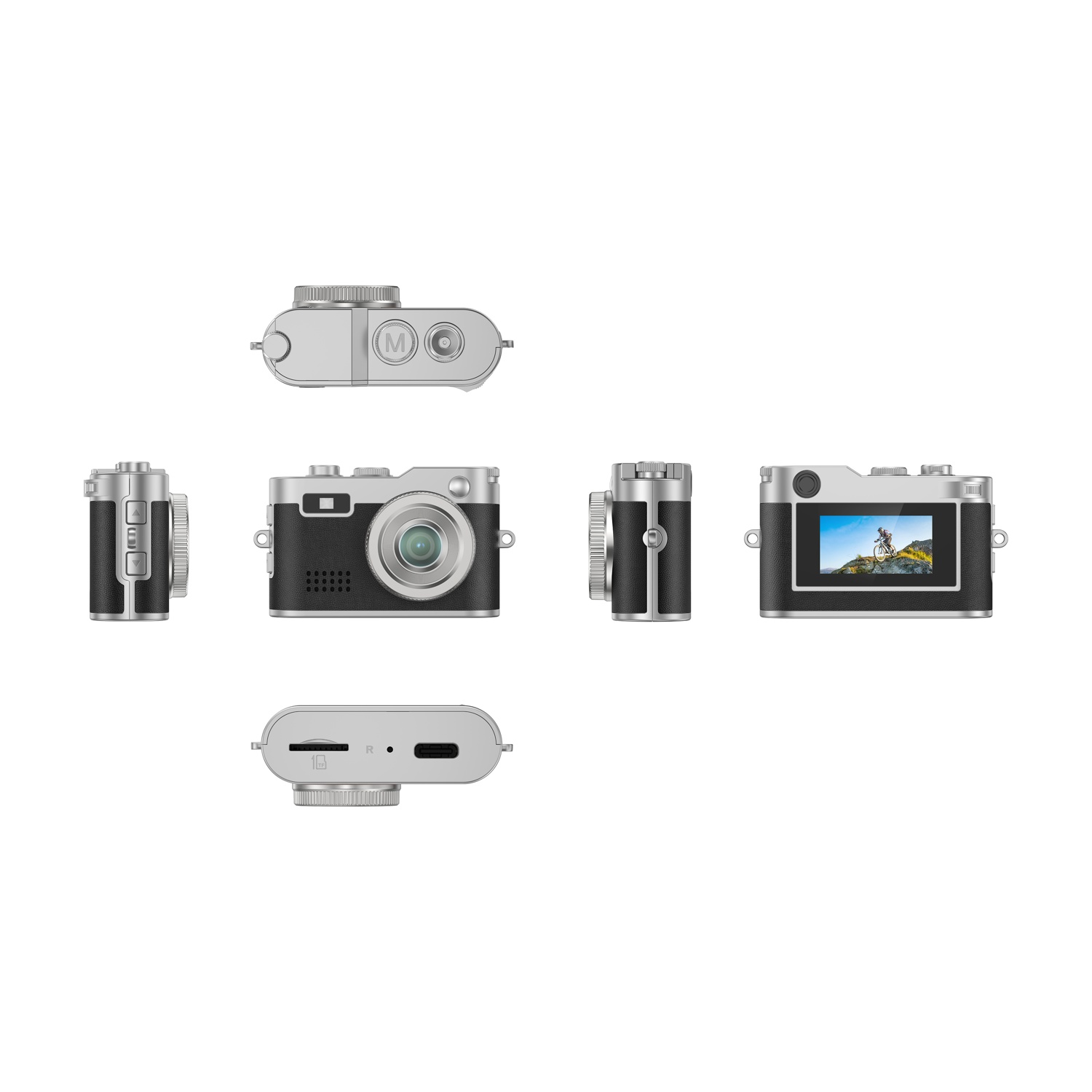 Fotocamera digitale compatta nera e argento, viste multiple.