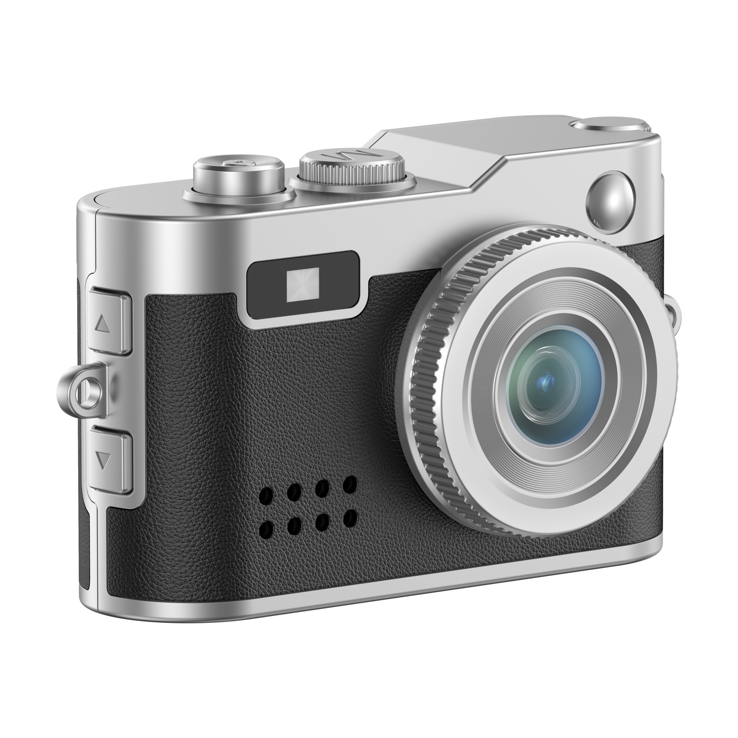 Fotocamera argento con impugnatura in pelle nera e obiettivo.