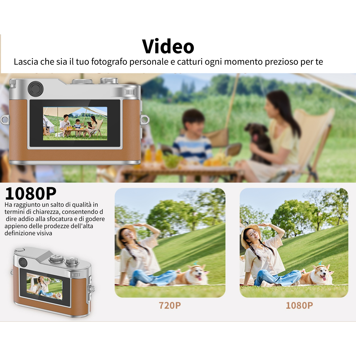 Una fotocamera mostra video 1080p di una famiglia in campeggio.