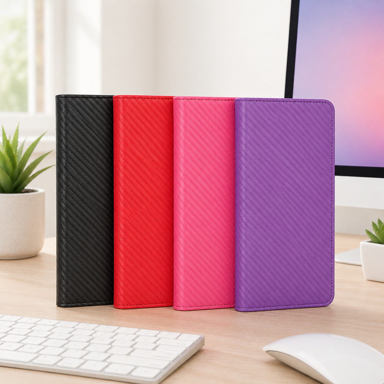 Cuatro fundas de teléfono en negro, rojo, rosa y morado están una al lado de la otra.