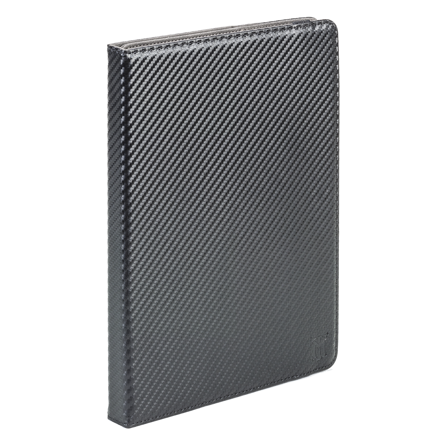 Una cubierta de cuaderno oscura con textura de fibra de carbono y un logo.